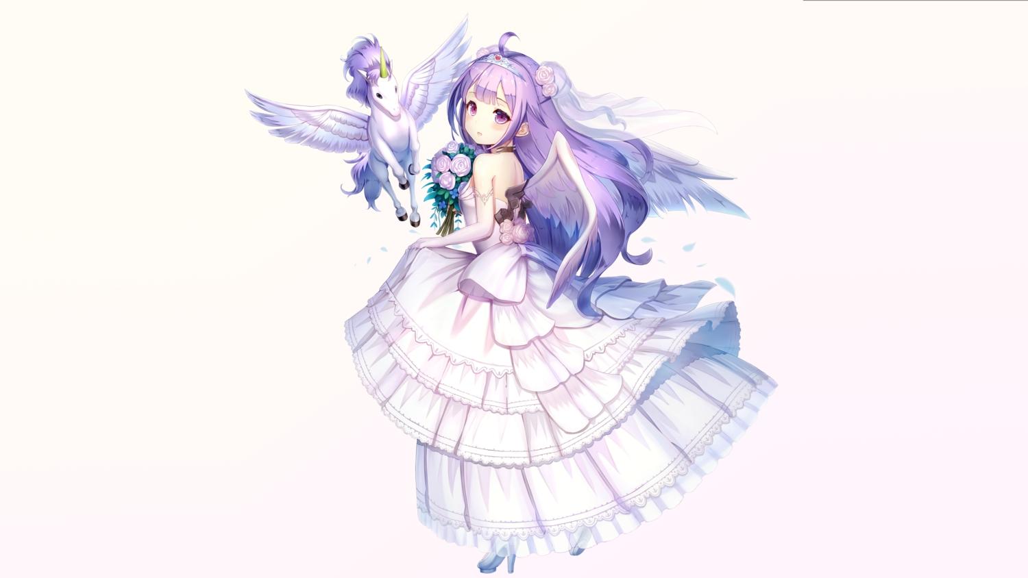 1500x844 animal anthropomorphism azur lane choker dress elbow gloves flowers gloves headdress horse long hair pegasus purple eyes purple hair rose teratsu tiara unicorn (azur lane) wedding attire white wings.