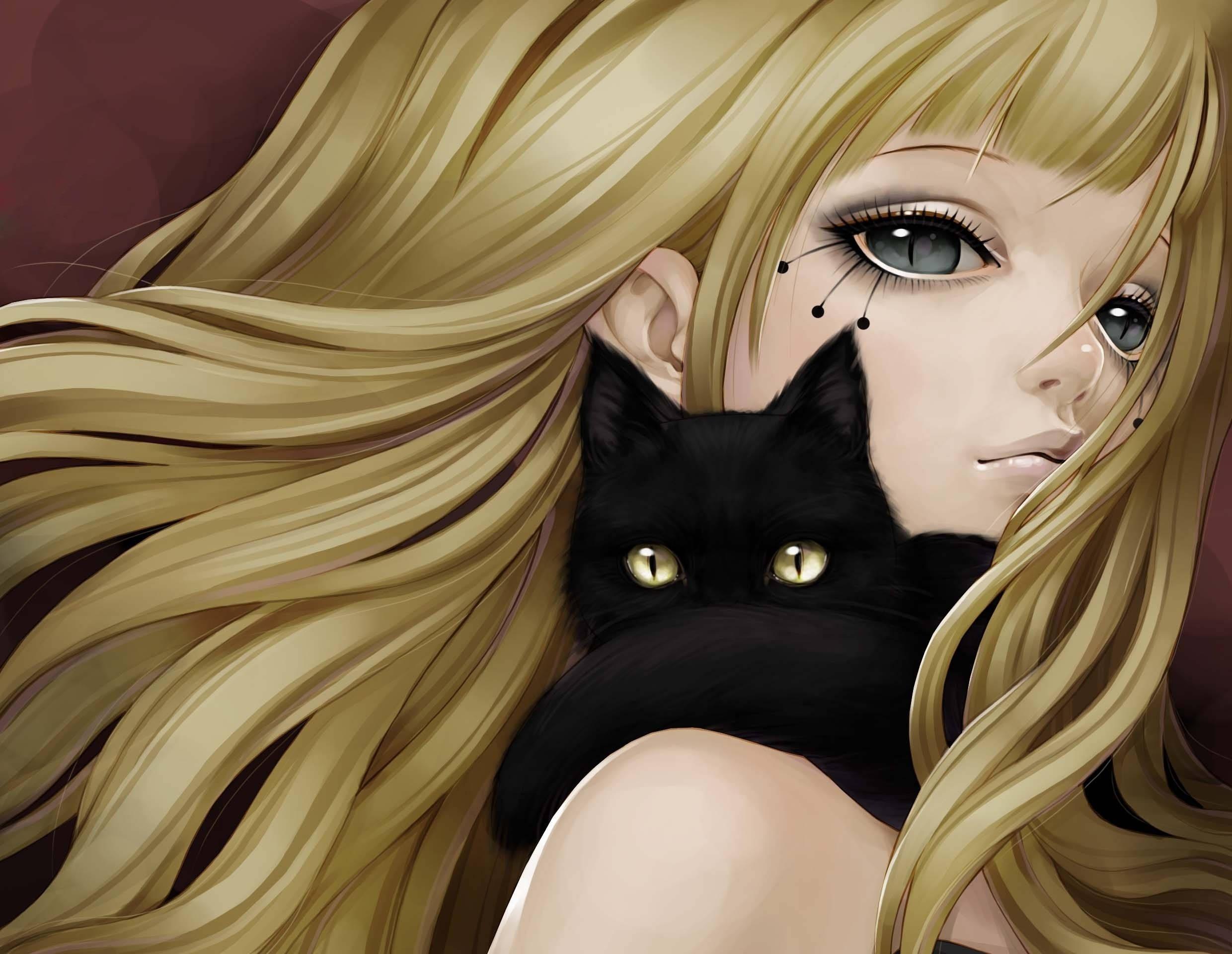 2480x1920 Download Blonde Girl With Anime Cat Wallpaper