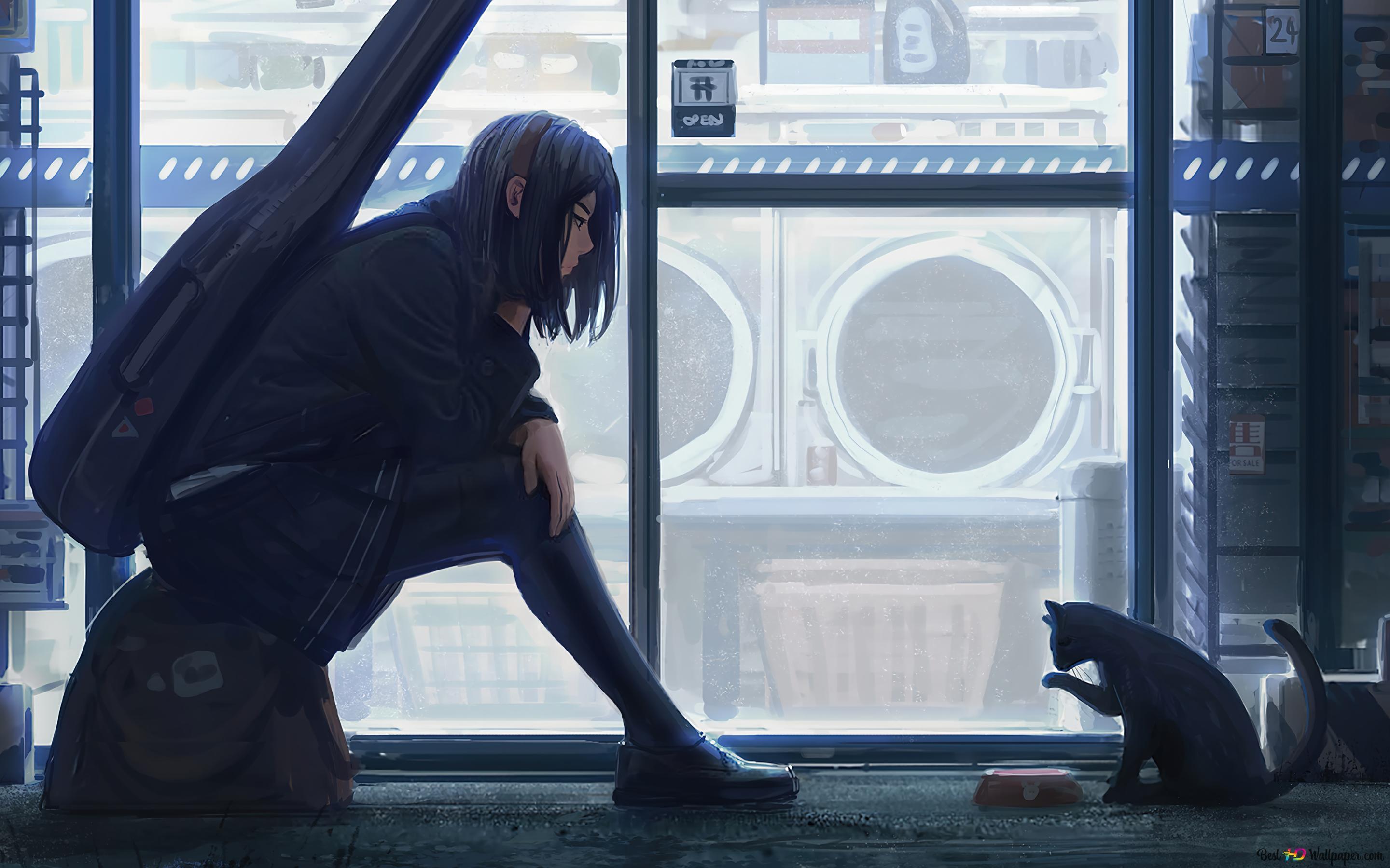 2880x1800 Anime Girl Feeding Cat 4K wallpaper download