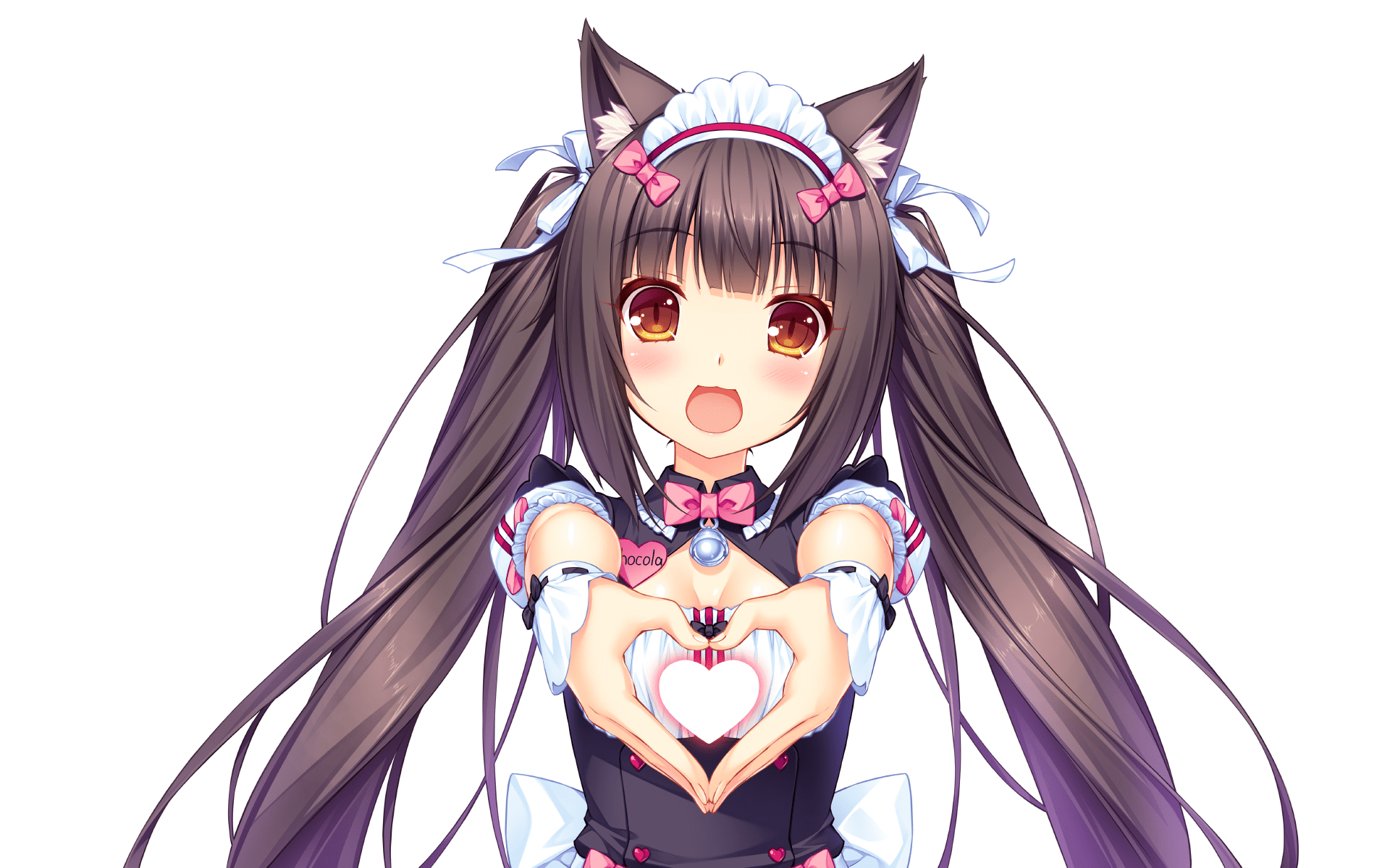 1920x1200 Wallpaper / Chocolat (Neko Para), Neko Para, white background, anime, anime girls, cat girl, animal ears, twintails, maid outfit, brunette free download