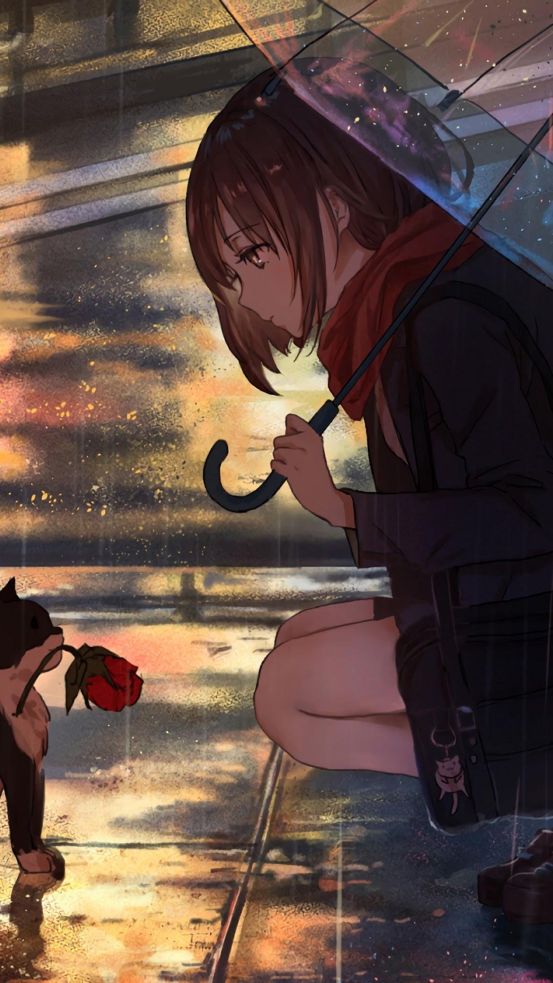 1080x1920 Anime, Girl, Raining, Cat HD Gallery HD Wallpaper