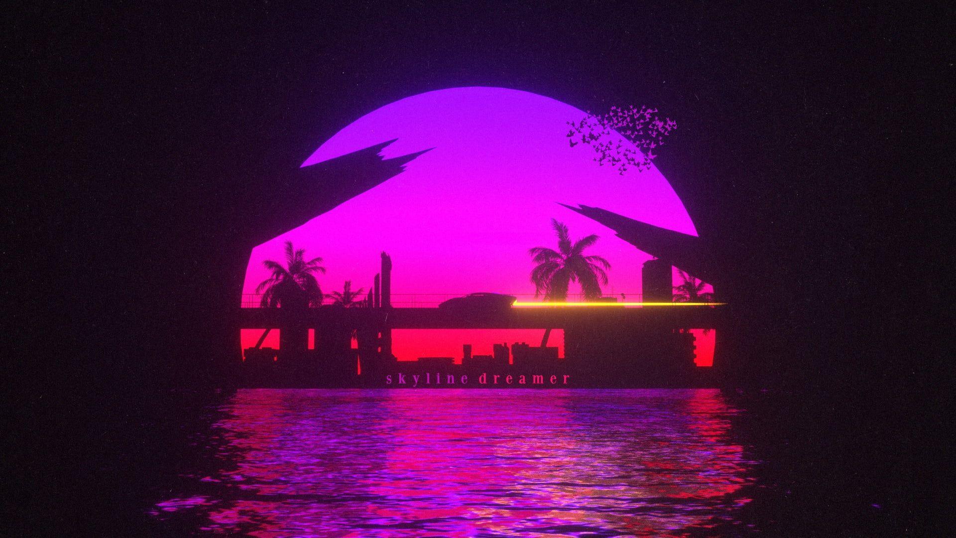 1920x1080 Sunset, The sun, Water, Auto, Bridge, Music, Machine, Style wallpaper. Fantasy wall art, Neon wallpaper, Sunset wallpaper