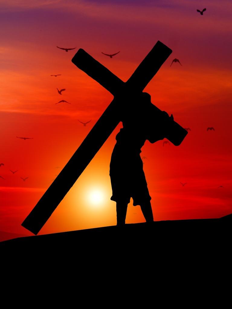 768x1024 Jesus Cross Wallpaper 4K, Sunset, Orange sky, Photography
