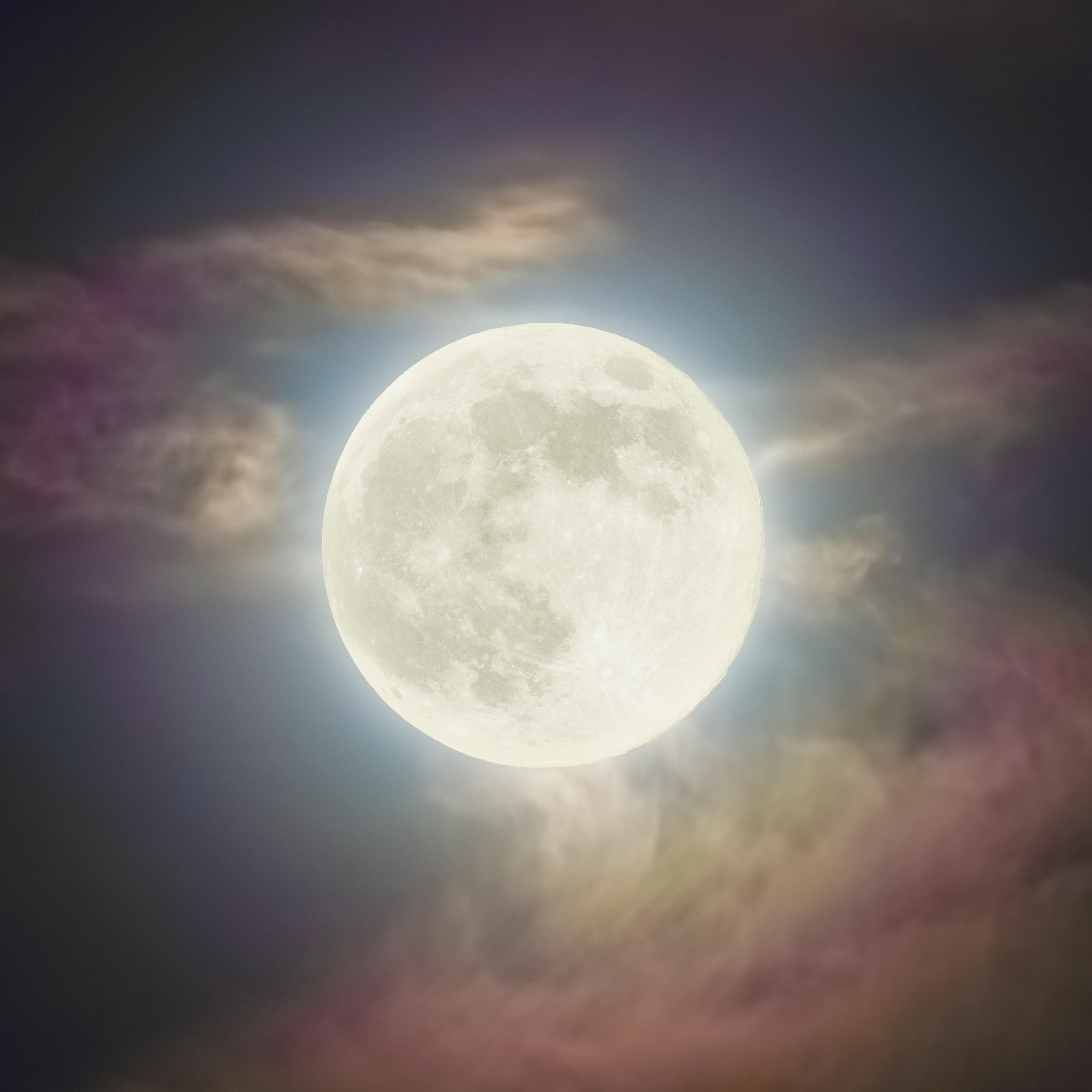 7577x7577 Super Pink Moon Wallpaper 4K, Full moon, Clouds, Space