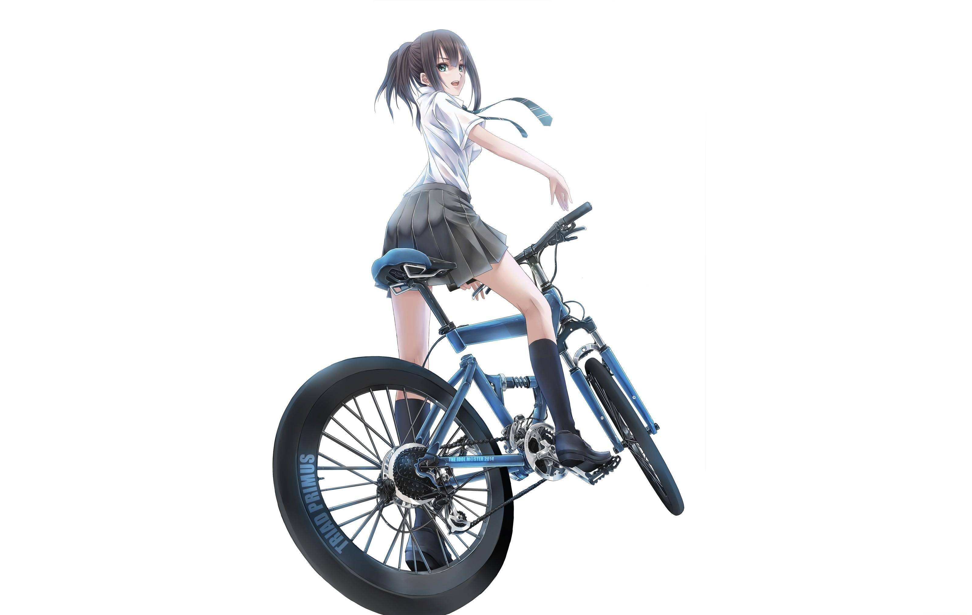 3200x2025 anime girls, school uniform, bicycle, simple background, women with bikes, anime Gallery HD Wallpaper
