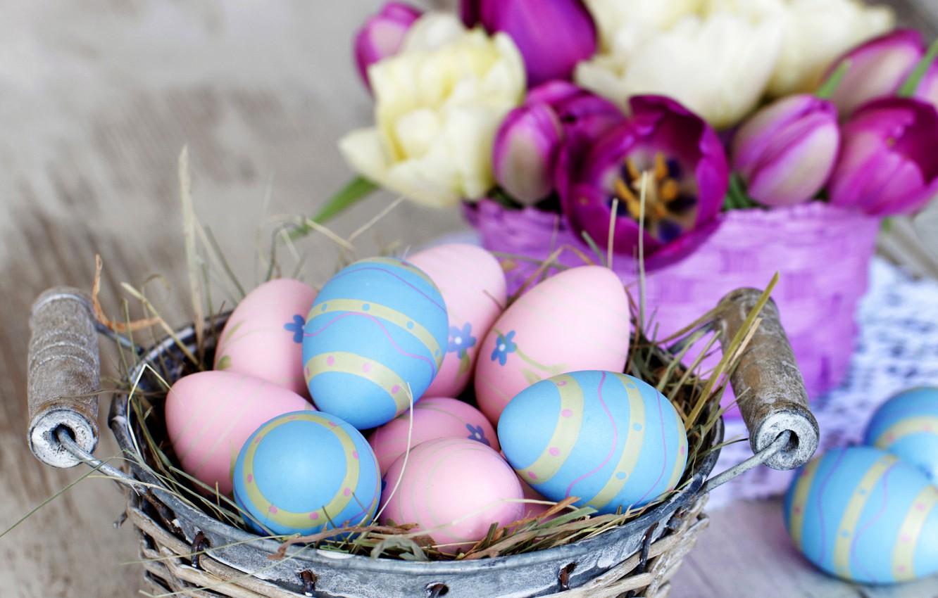 1332x850 Wallpaper eggs, colorful, Easter, tulips, happy, Easter, Holidays, Tulips image for desktop, section праздники