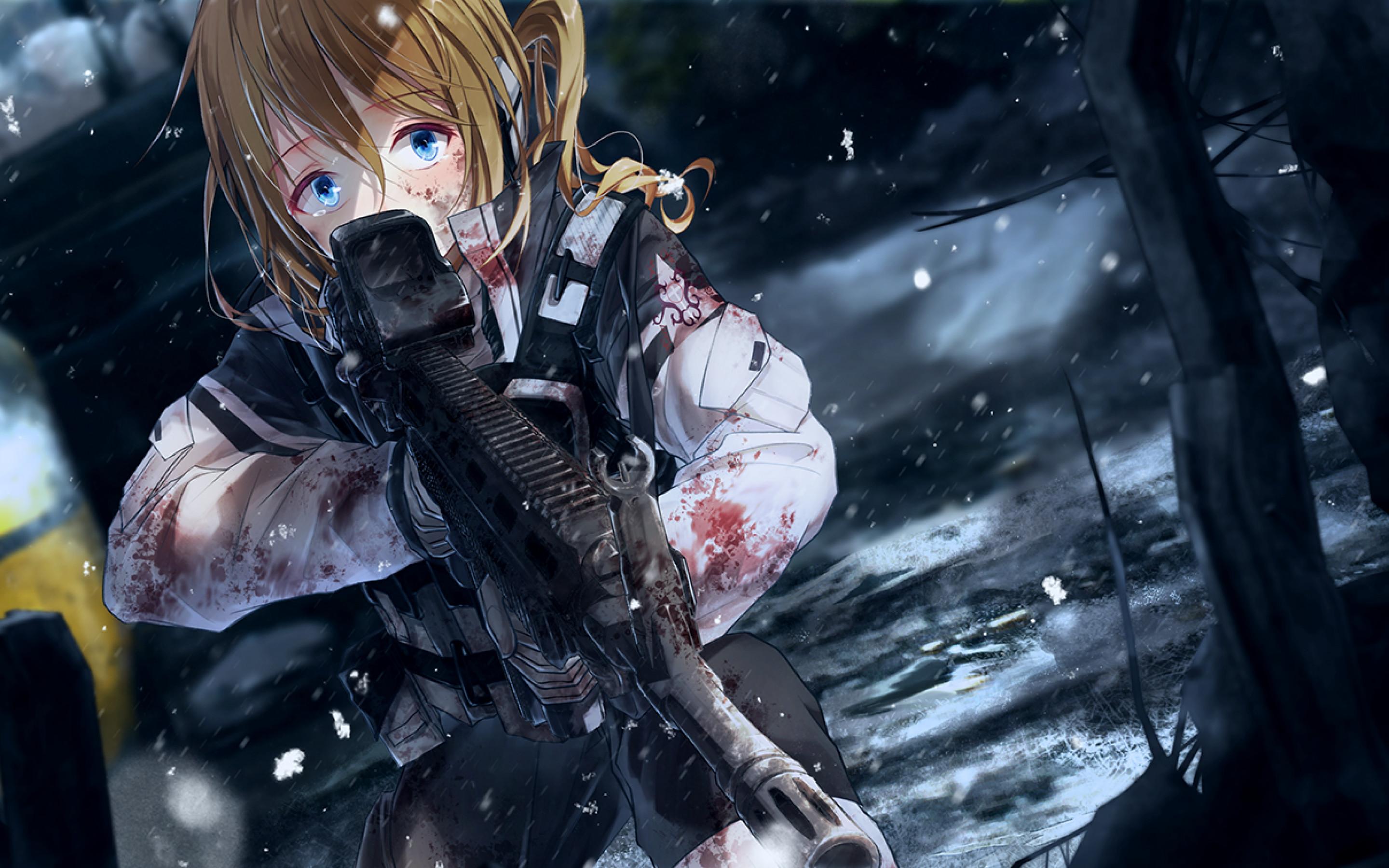 2880x1800 Anime Girl, Military, Scared Expression, Battlefield, Gun