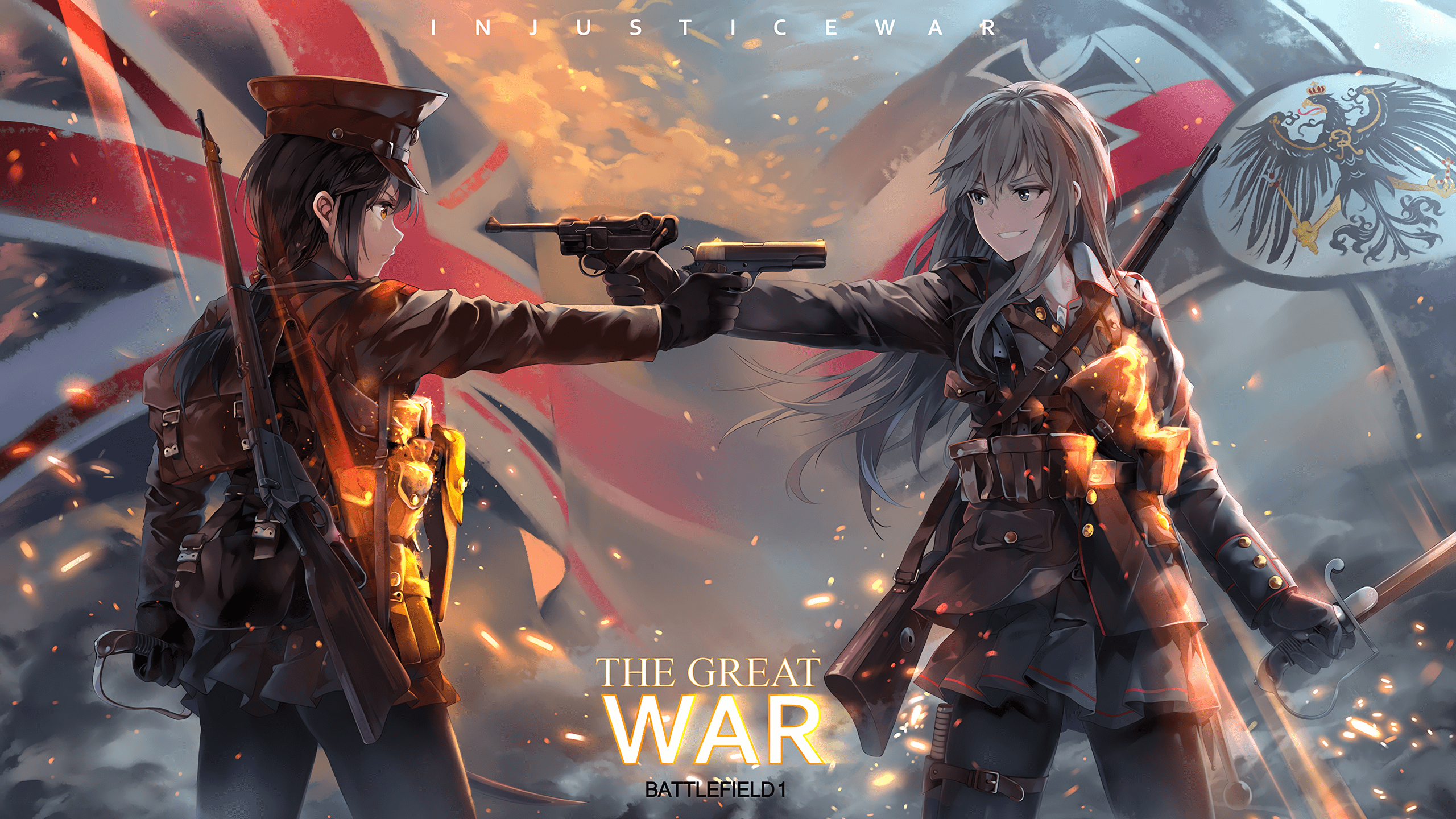 2560x1440 Wallpaper / anime, anime girls, Battlefield, Battlefield uniform, gun, weapon, British Army, German Army, smiling, backpacks, sword, military, war, sparks, girls with guns, NEKO (Yanshoujie) free download