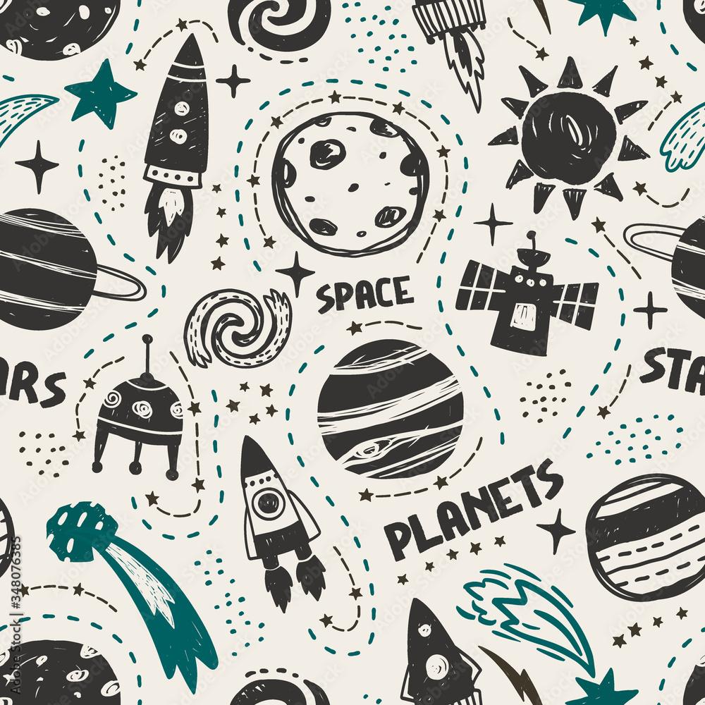 1000x1000 Seamless cute space pattern. It is good for baby clothes, baby bedding, wallpaper, notebook covers, etc. Stock Vector
