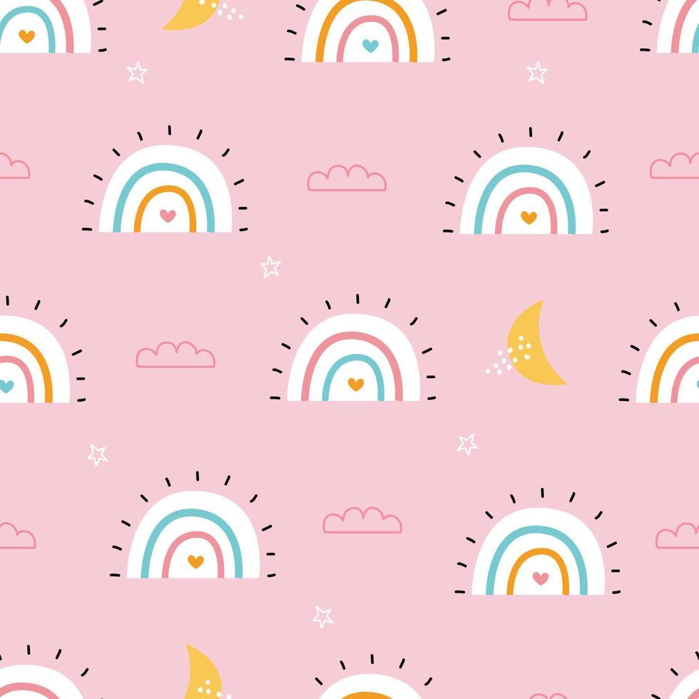 980x980 Seamless baby pattern rainbow with clouds on pink background, hand drawn, designed in a cartoon style. dUsed for prints, decorative wallpaper, baby clothes motifs, textiles