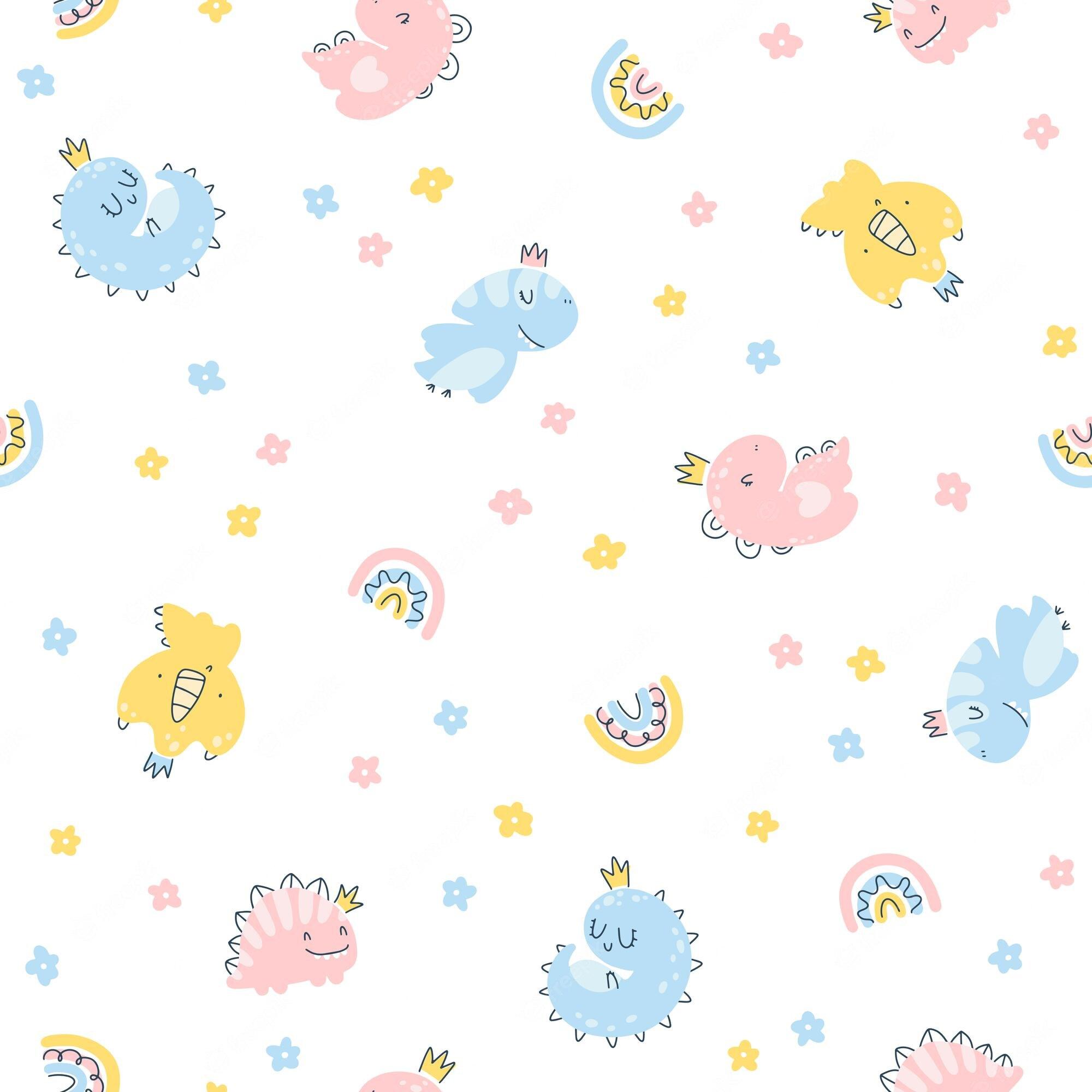 2000x2000 Premium Vector. Dino Princess Seamless Pattern. Girls Dinosaurs In Crowns In A Simple Childish Hand Drawn Scandinavian Style. Vector Texture For Baby Clothes, Packaging, Wallpaper, Textiles, Fabrics