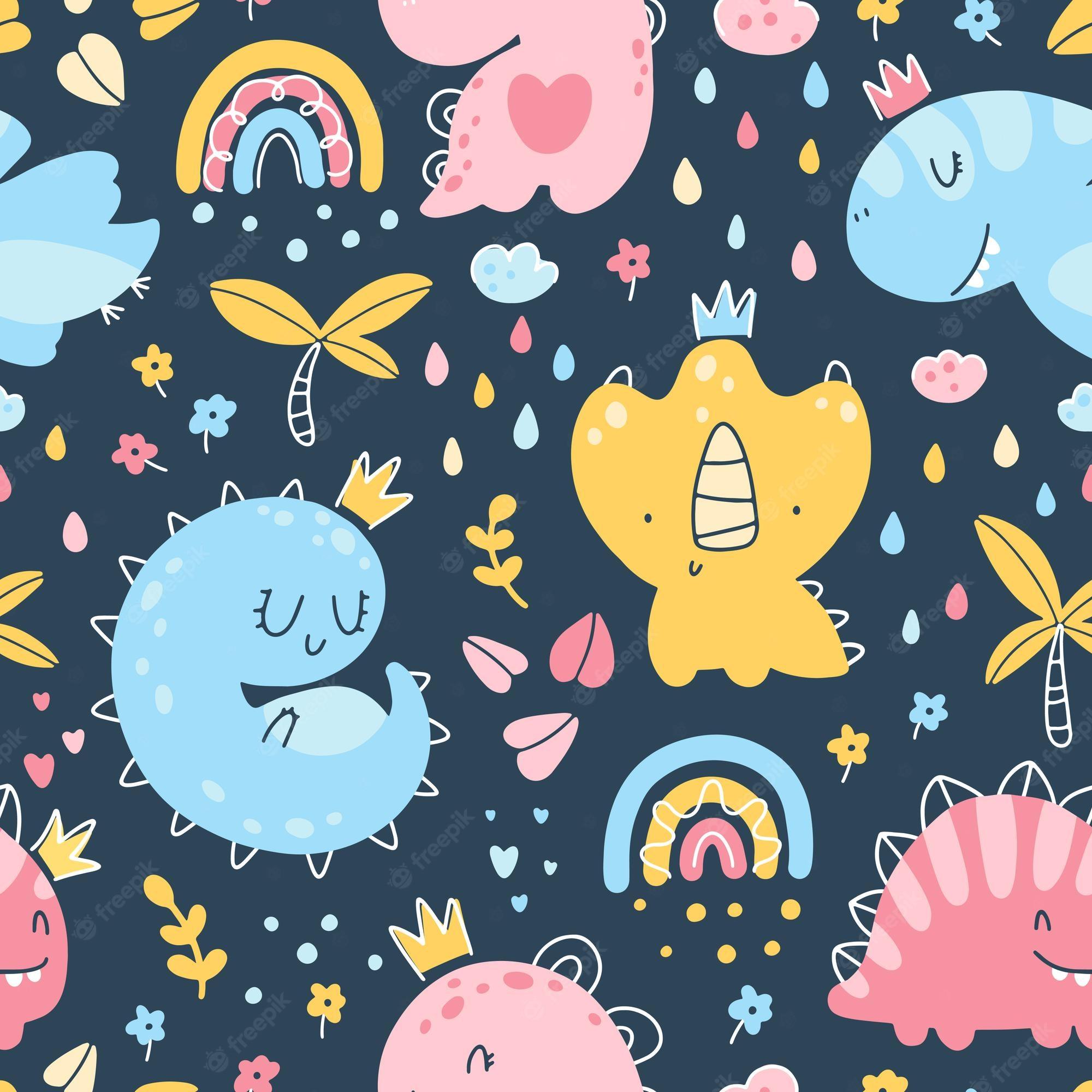 2000x2000 Premium Vector. Dino Princess Seamless Pattern. Girls Dinosaurs With Crowns In The Jungle With A Rainbow. Childish Hand Drawn Scandinavian Style. Vector Texture For Baby Clothes, Packaging, Wallpaper, Textiles