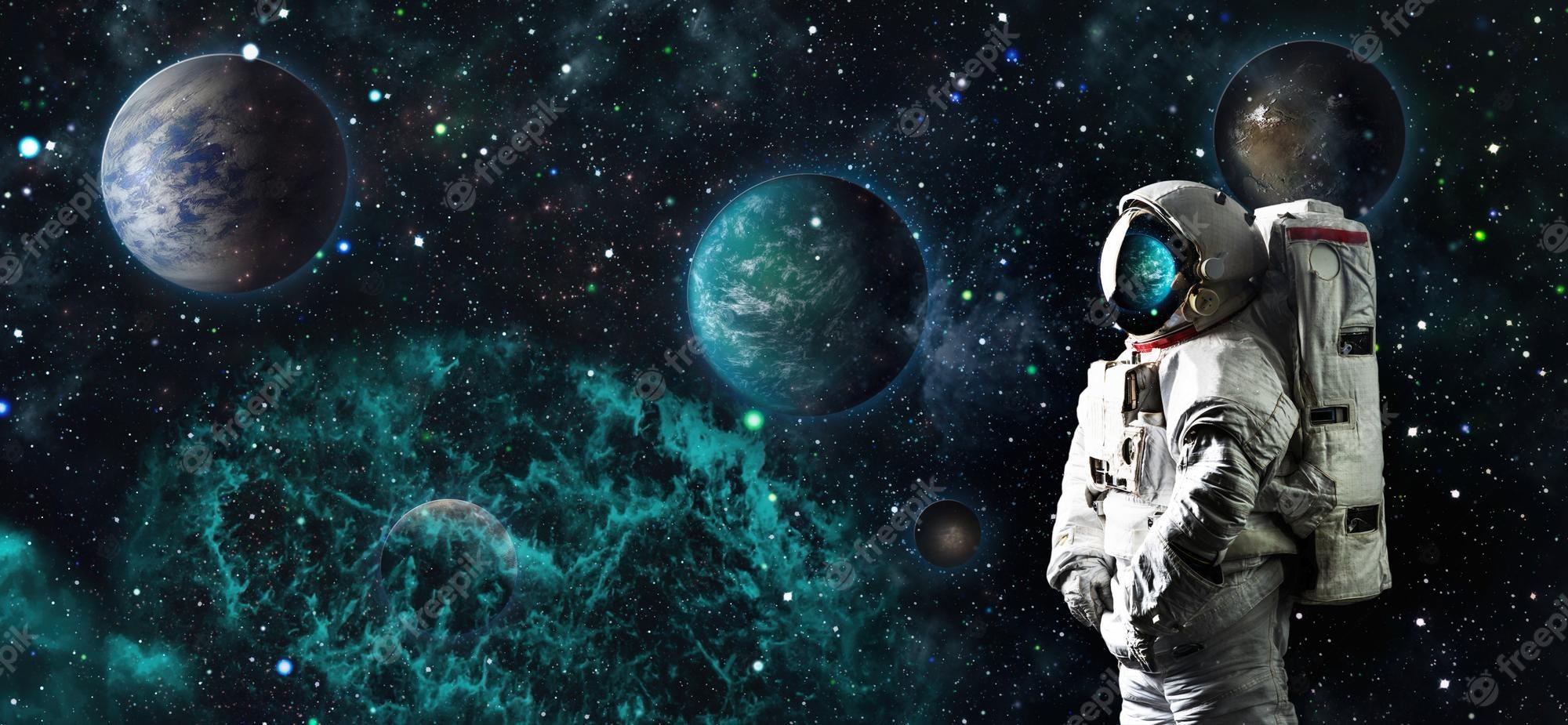 2000x925 Premium Photo. Astronaut in outer space galaxy and nebula space art wallpaper with spaceman spacewalk elements of this image furnished
