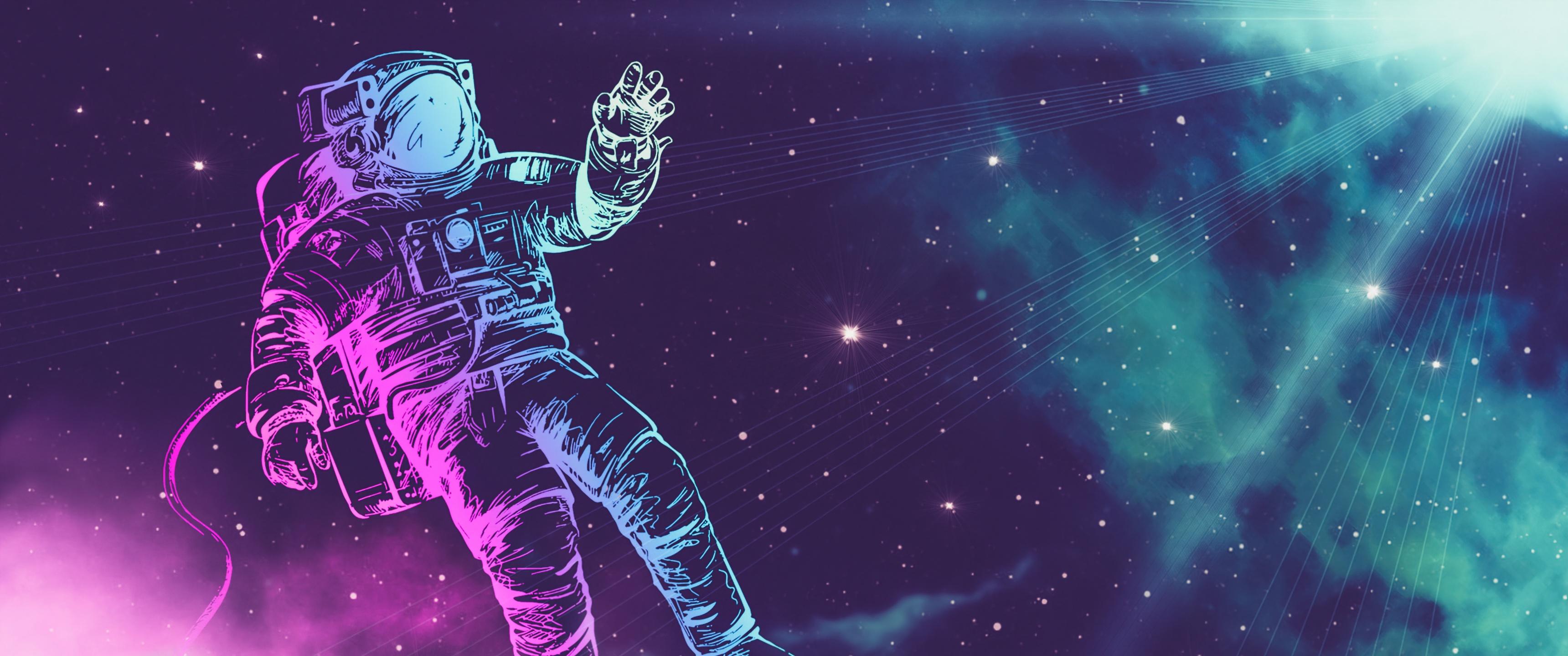 3440x1440 Astronaut Wallpaper 4K, Space suit, Neon, Stars, Space