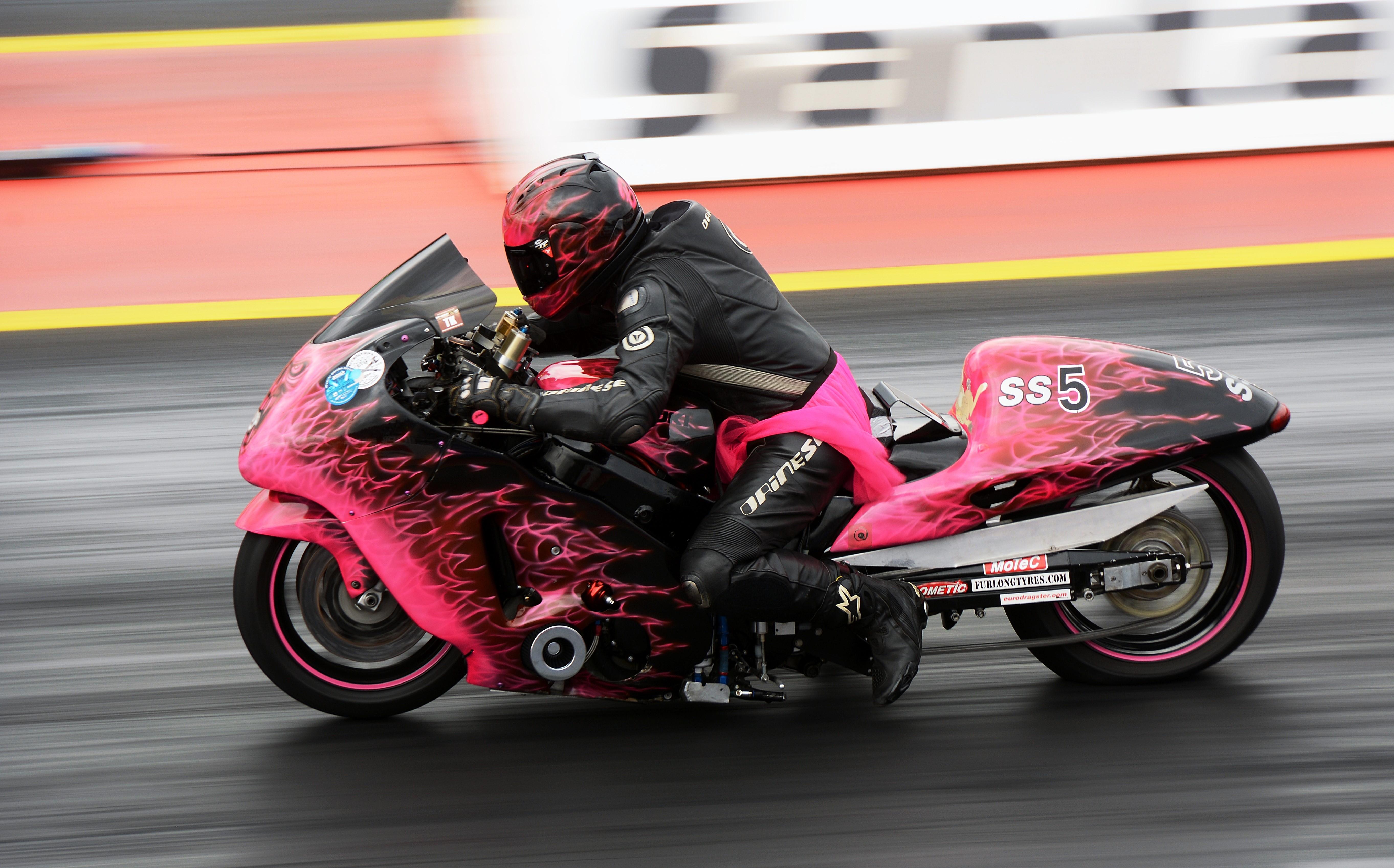 5450x3397 4K, 5K, drag racing, Motorcyclist, Pink color Gallery HD Wallpaper