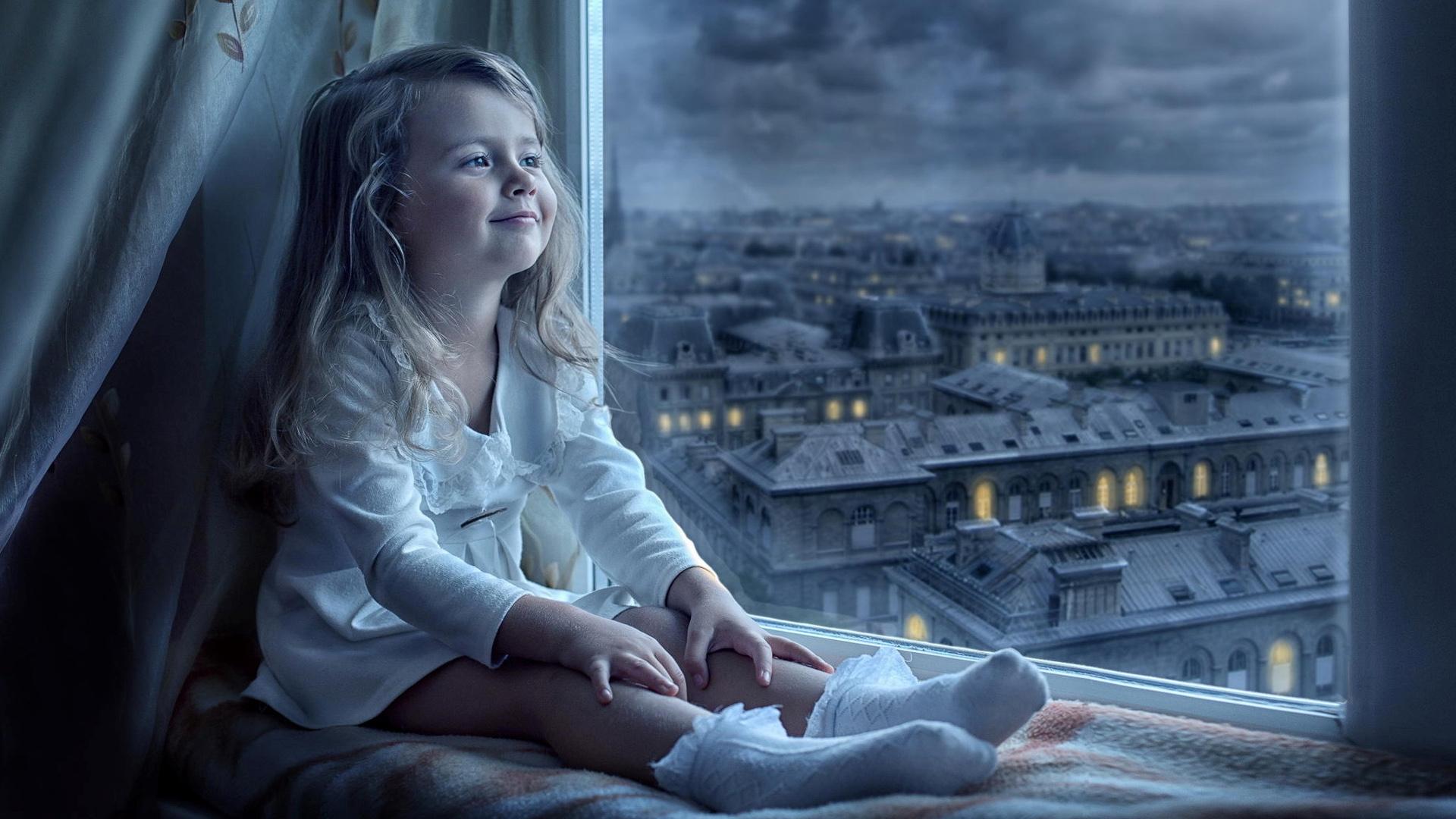 1920x1080 Cute Little Girl Is Sitting Near Window Watching Outside Wallpaper, HD Other 4K Wallpaper, Image and Background