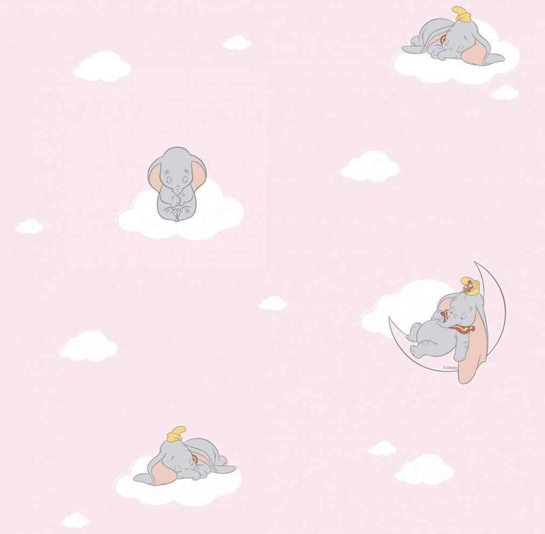1080x1059 Dumbo on Clouds Pink Background Wallpaper Washable Kids Room