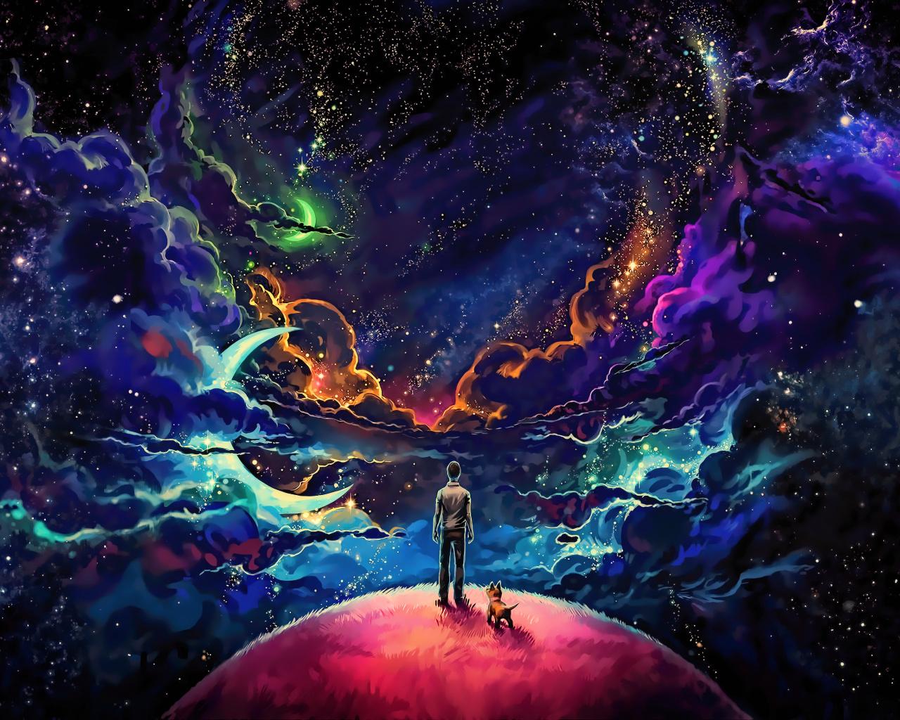 1280x1024 Download Man and dog, fantasy, space, cosmic, universe, dream, artwork wallpaper, 1280x Standard 5: Fullscreen