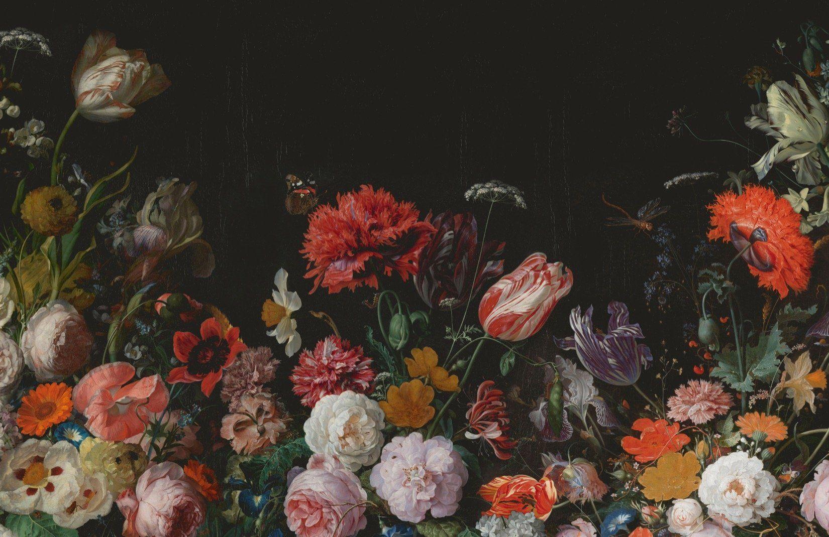 1650x1070 Dark Floral Flower Arrangement Wallpaper Mural. Hovia. Painting wallpaper, Flower desktop wallpaper, Artist painting
