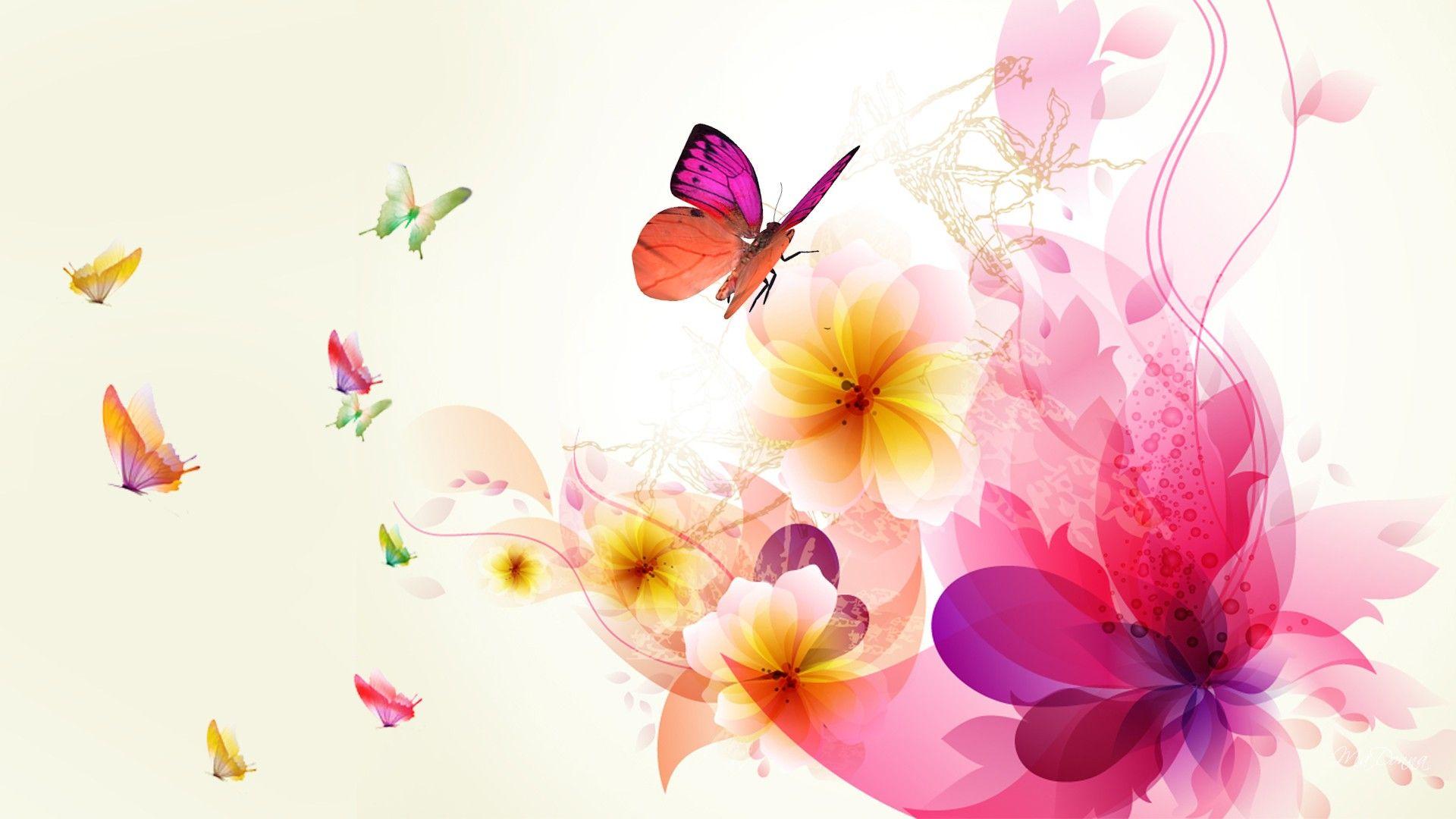 1920x1080 Butterflies and flowers. Flower wallpaper, Flower painting, Floral wallpaper