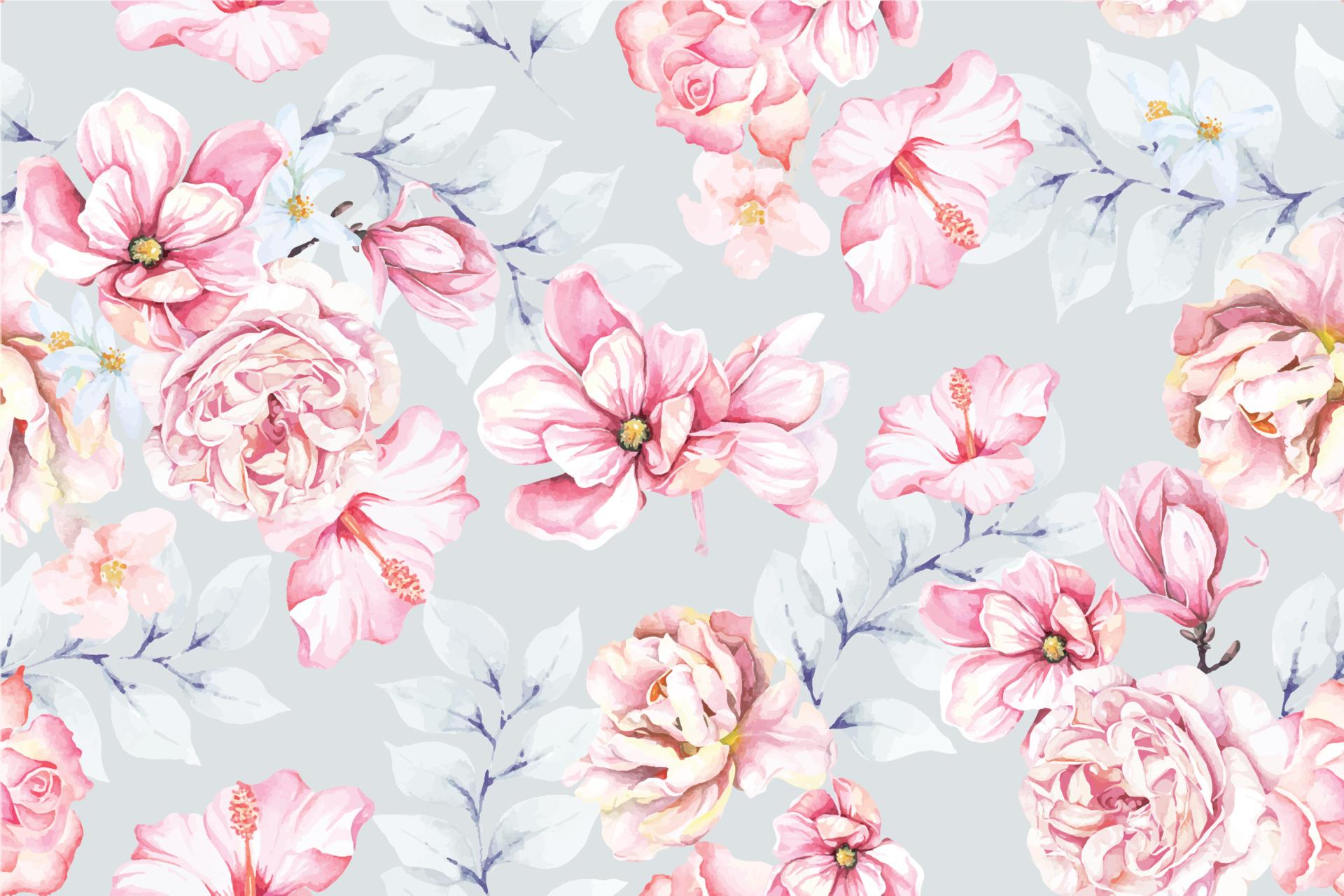 1920x1280 Seamless pattern of magnolia drawn with watercolor.For the design of the wallpaper or fabric, vintage style.Blooming flower painting for summer.Botany background