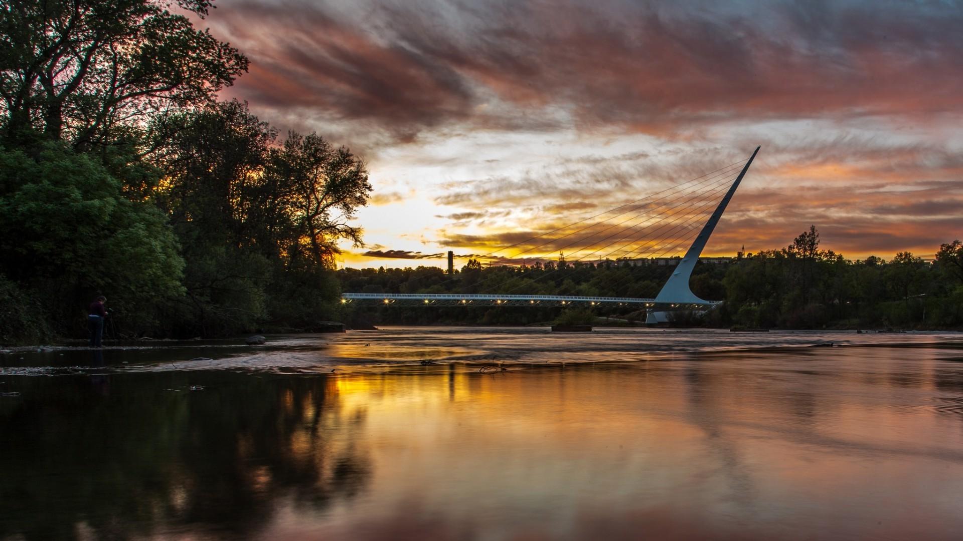 1920x1080 landscape, California, USA, Sunset, Sacramento, Bridge, Clouds, Water, Trees, Forest, Nature, Photographers, Alone Wallpaper HD / Desktop and Mobile Background