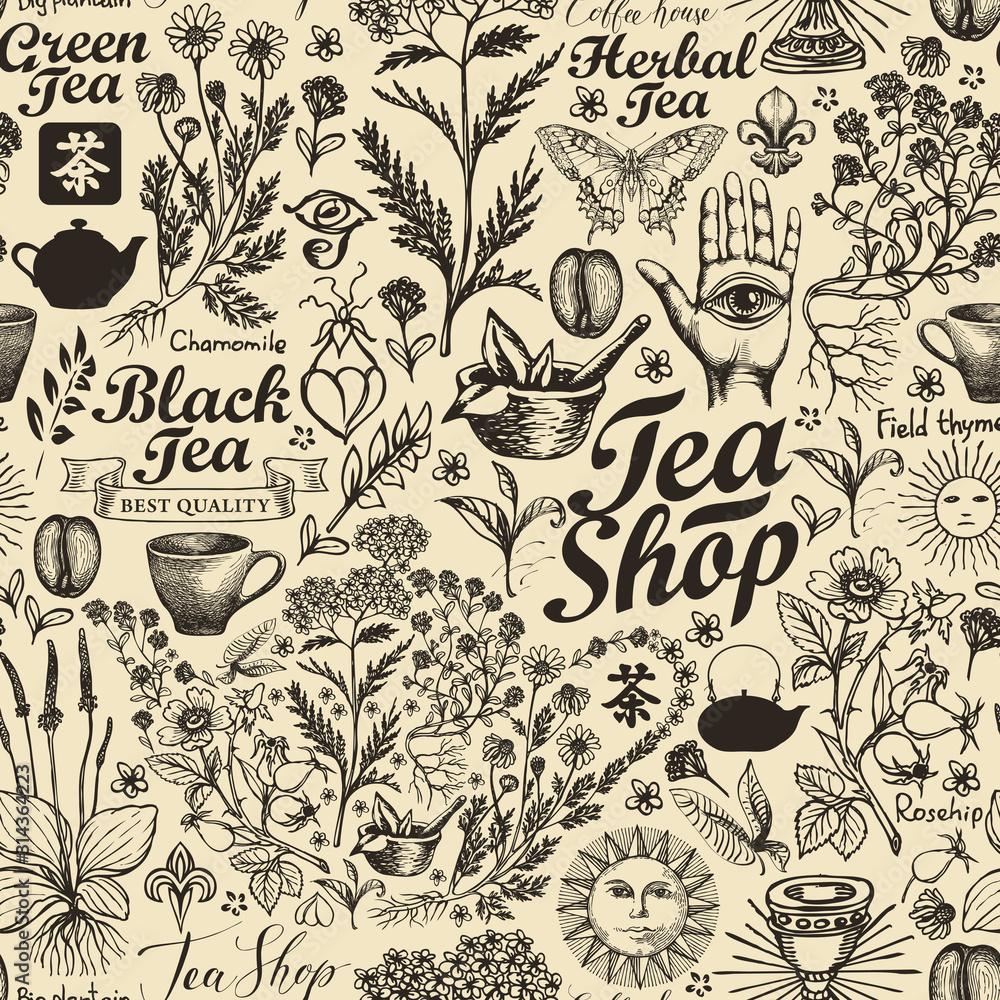 1000x1000 Vector Seamless Pattern On Tea Theme In Retro Style. Abstract Background With Hand Drawn Herbs, Kitchen Items And Inscriptions. Suitable For Wallpaper, Wrapping Paper, Fabric. Chinese Hieroglyph Tea Stock Vector