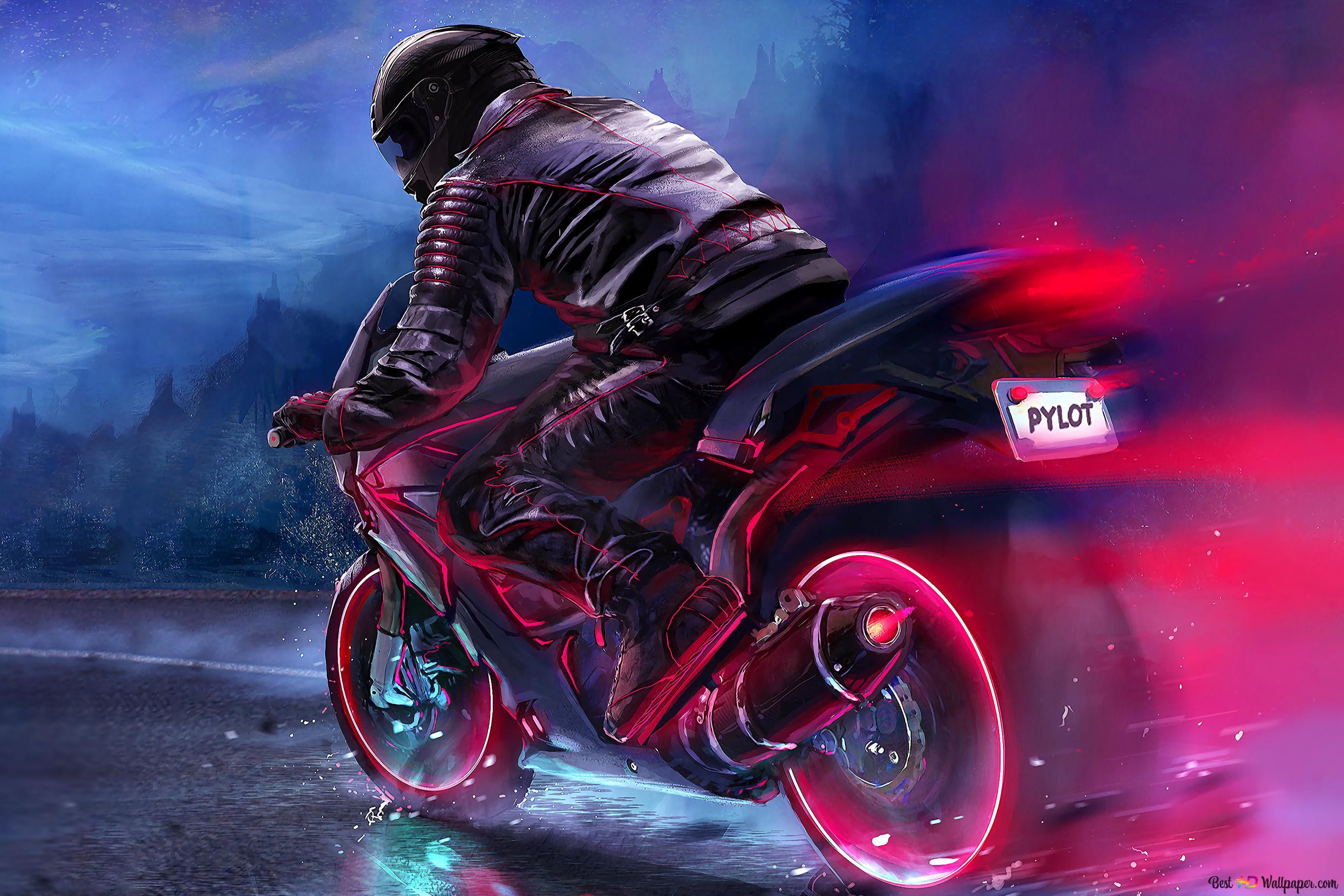2736x1824 Biker Motorcycle Retrowave 8K wallpaper download
