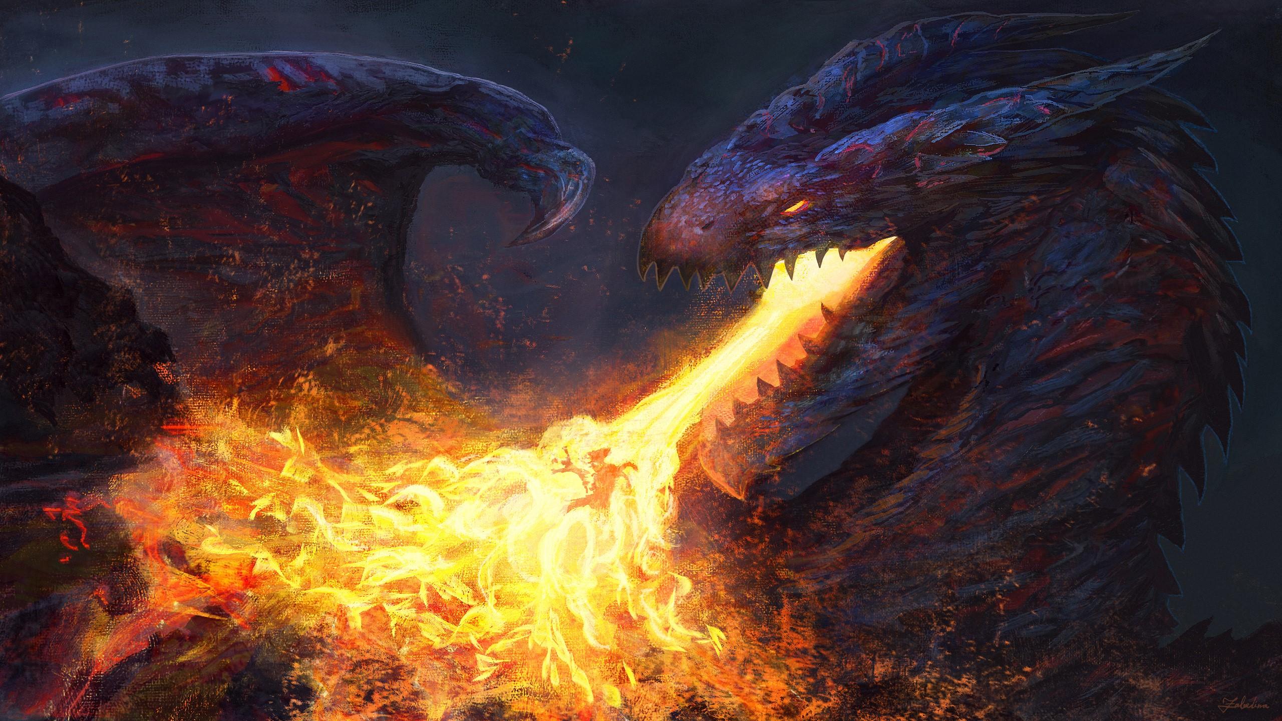 2560x1440 dragon, dark, battle, wings, fantasy art, fire Gallery HD Wallpaper