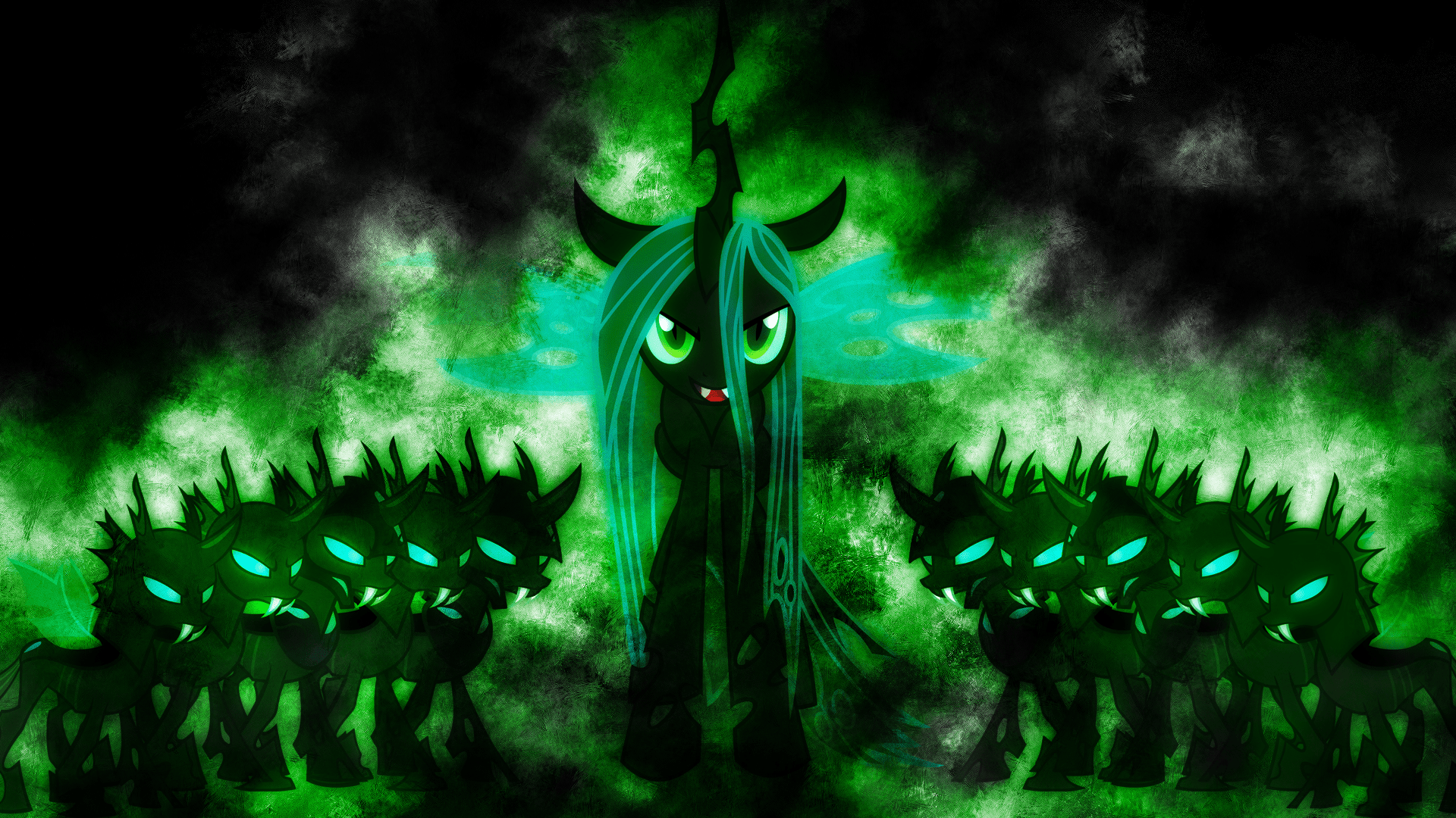 1920x1080 artist:enemyd, changeling, changeling queen, darkness, derpibooru import, female, green smoke, queen chrysalis, safe, wallpaper