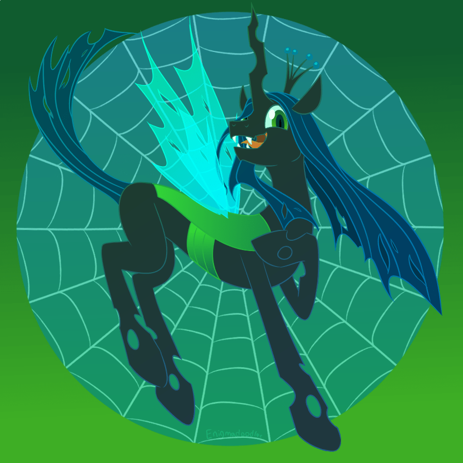 900x900 safe, artist:enigmadoodles, queen chrysalis (mlp), arthropod, changeling, changeling queen, equine, fictional species, feral, friendship is magic, hasbro, my little pony, crown, fangs, female, gradient background, insect wings, jagged horn