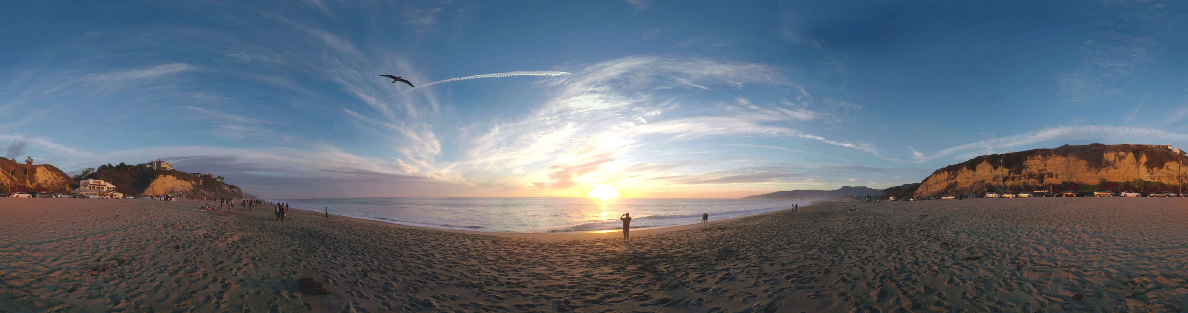 3840x1012 beach, california, malibu, panorama, sunset 4k wallpaper and background