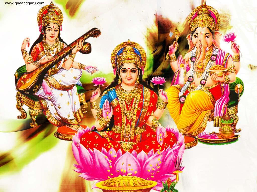 1024x768 Wallpaper of Maa Laxmi, Maa Sarswati and Ganesh Ji