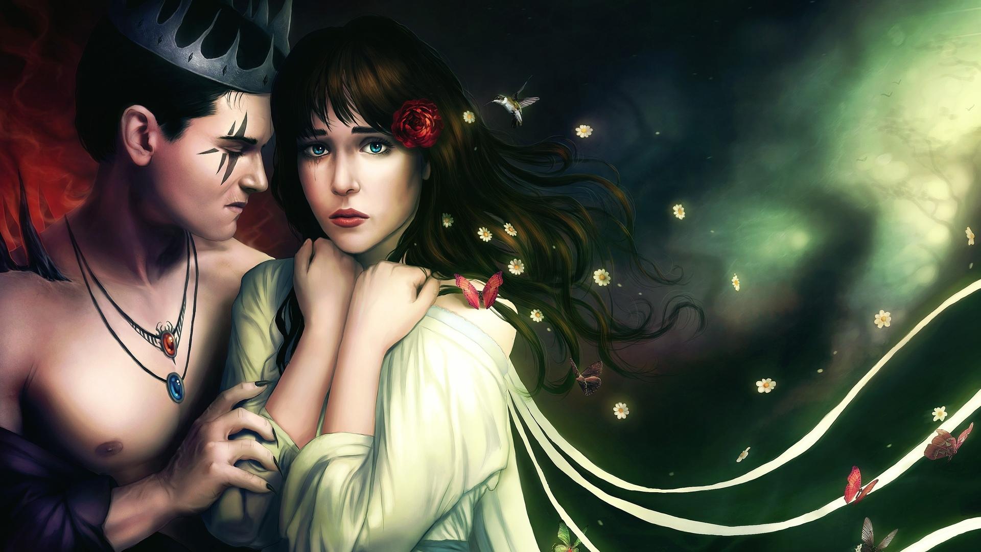 1920x1080 Art, girl, guy, hell, hummingbird, demon, crown, persephone.me!