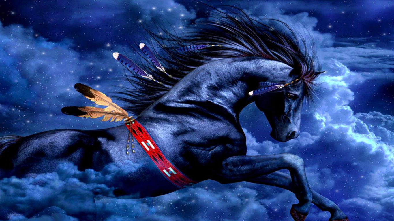 1366x768 Fantasy Digital Art Blue Indian Horse Wallpaper Design :