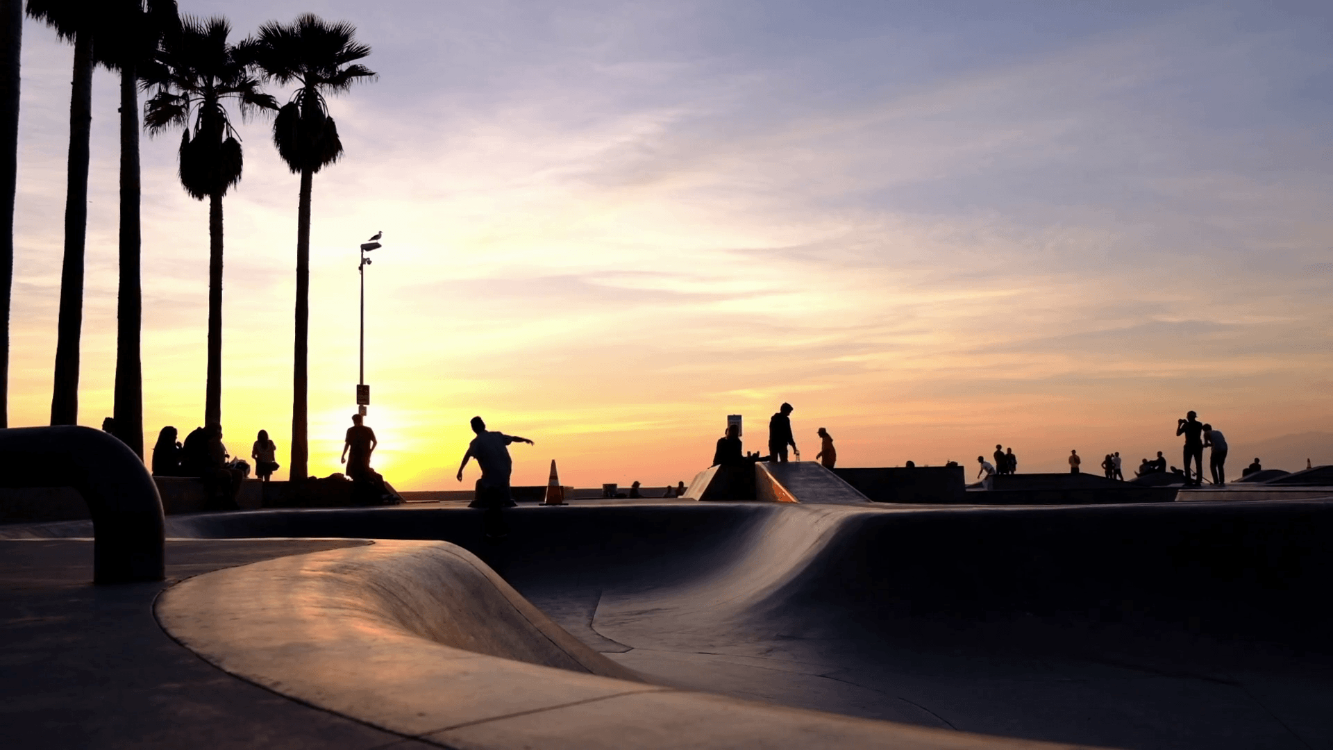 1920x1080 Skateboarding Venice Beach at Sunset, Southern California. Stock
