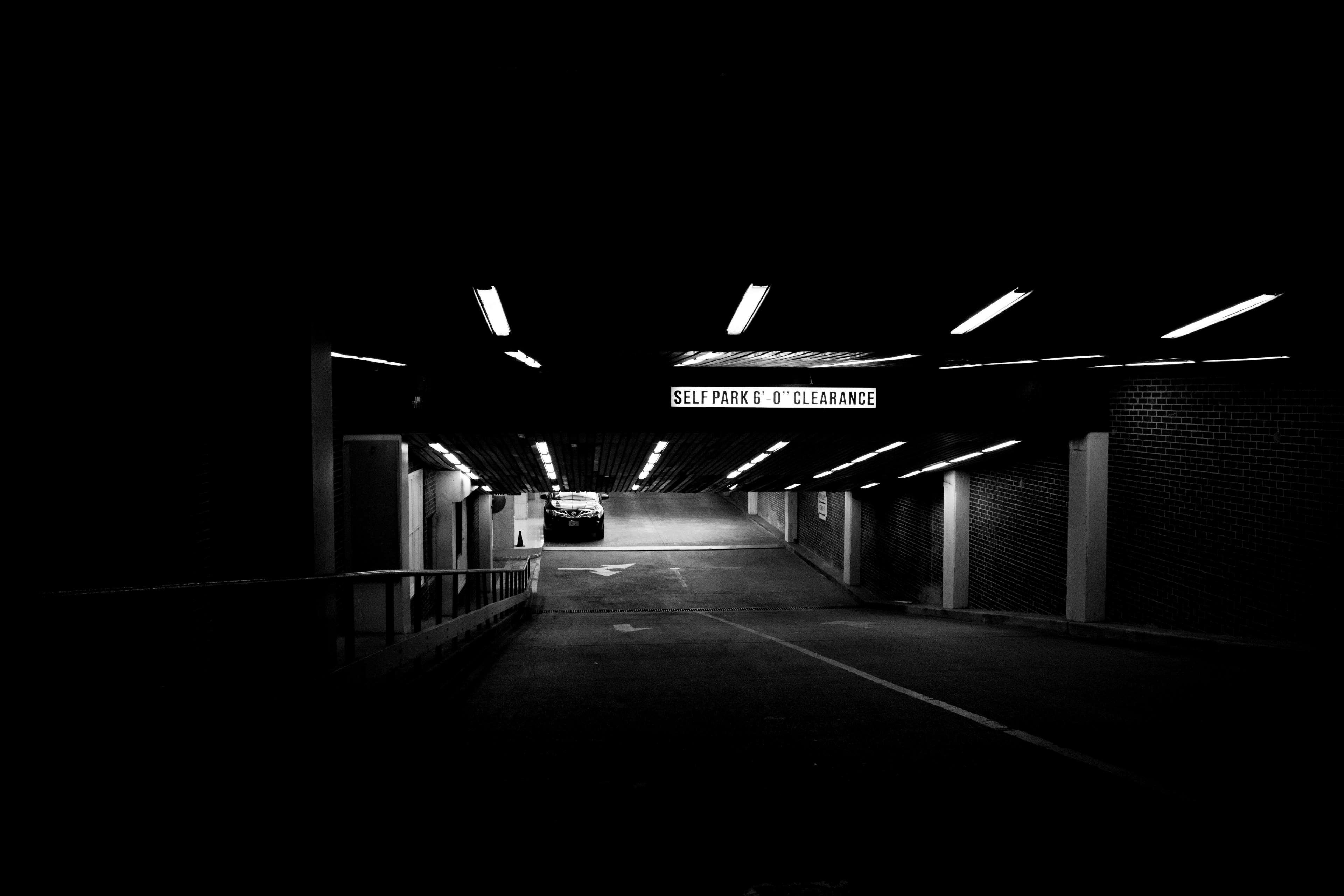 3840x2560 black and white, car, dark, parking, parking lot, underground garage, vehicle 4k Gallery HD Wallpaper