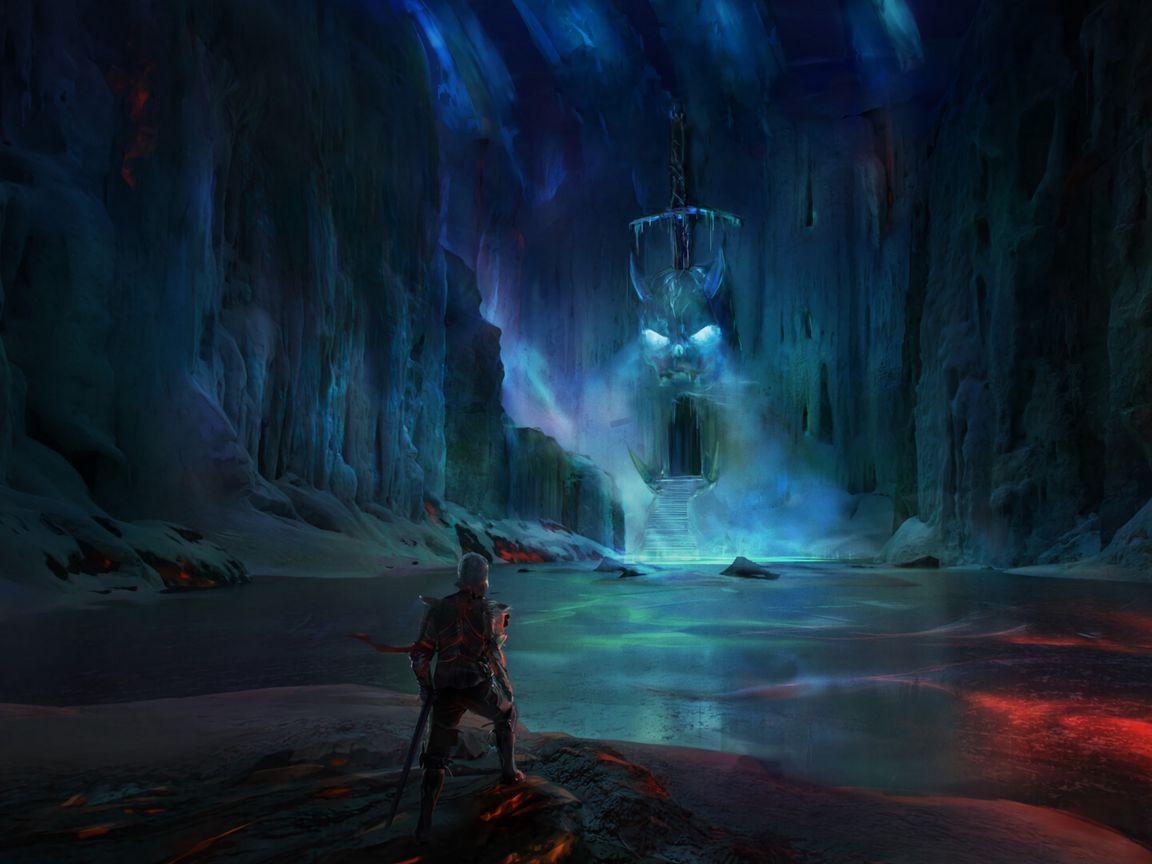 1152x864 Download wallpaper 1152x864 knight, lake, cave, castle, scary, fantasy, art standard 4:3 HD background