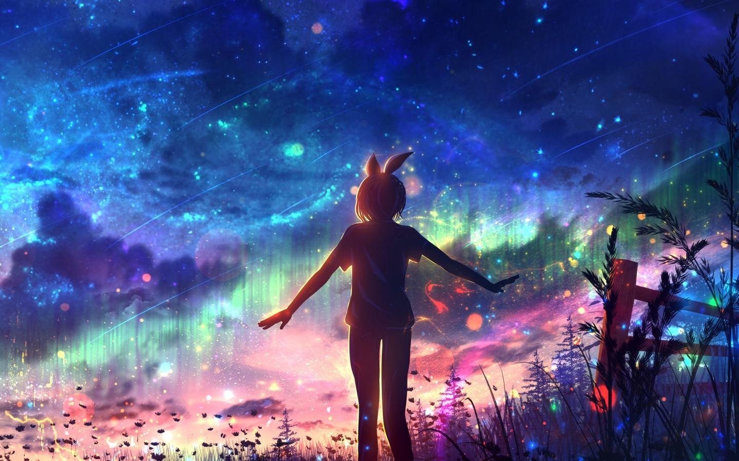 1440x900 Download wallpaper 1440x900 outdoor, night, colorful sky, fallen stars, anime art, 1440x900 widescreen 16:10 HD background, 26514