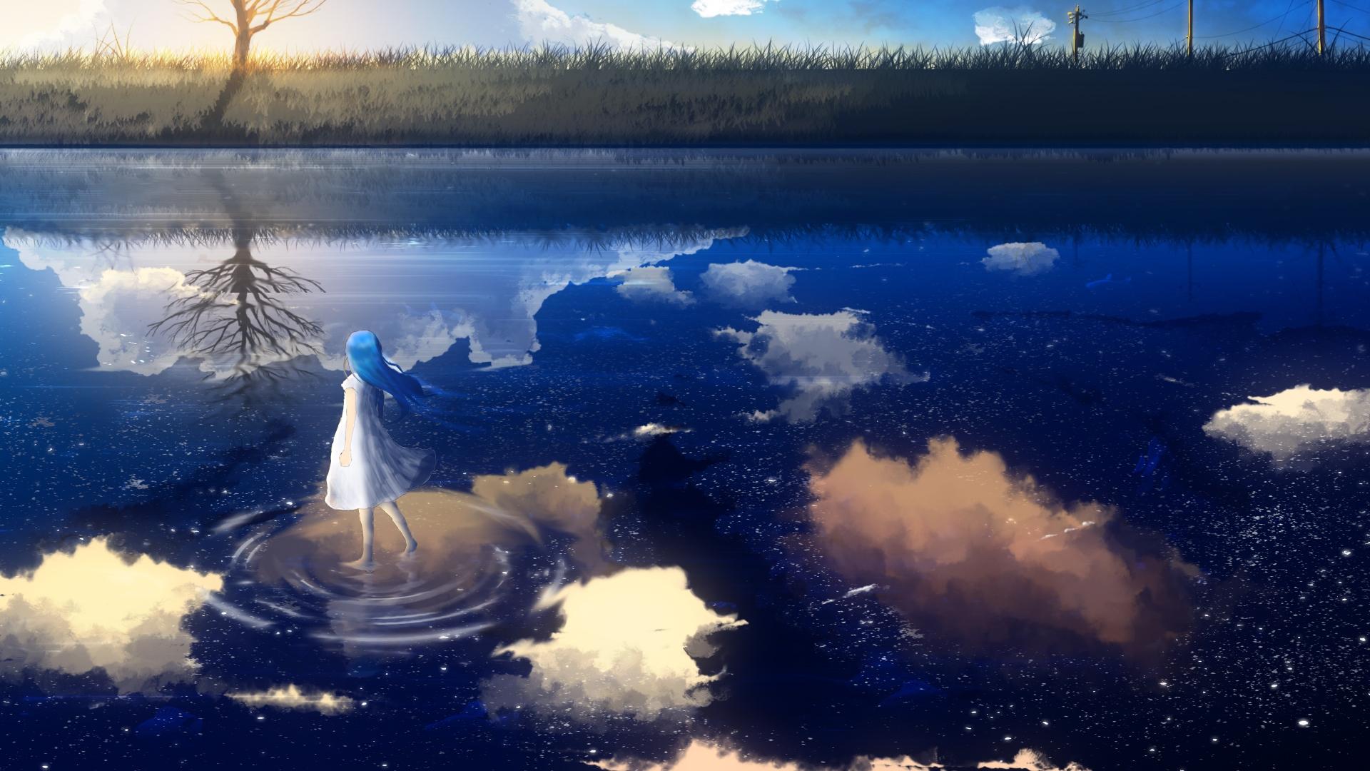 1920x1080 Download 3840x2160 Anime Girl, Walking On Water, Reflection, River Wallpaper for UHD TV