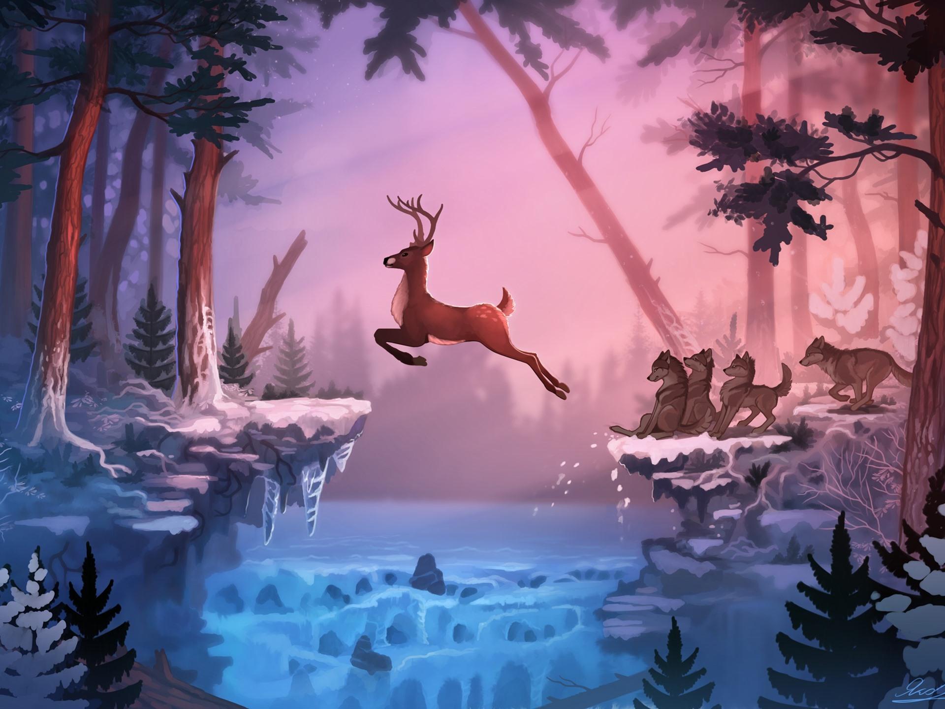 1920x1440 Wallpaper Deer jumping, wolves, forest, trees, river, anime 1920x1440 HD Picture, Image