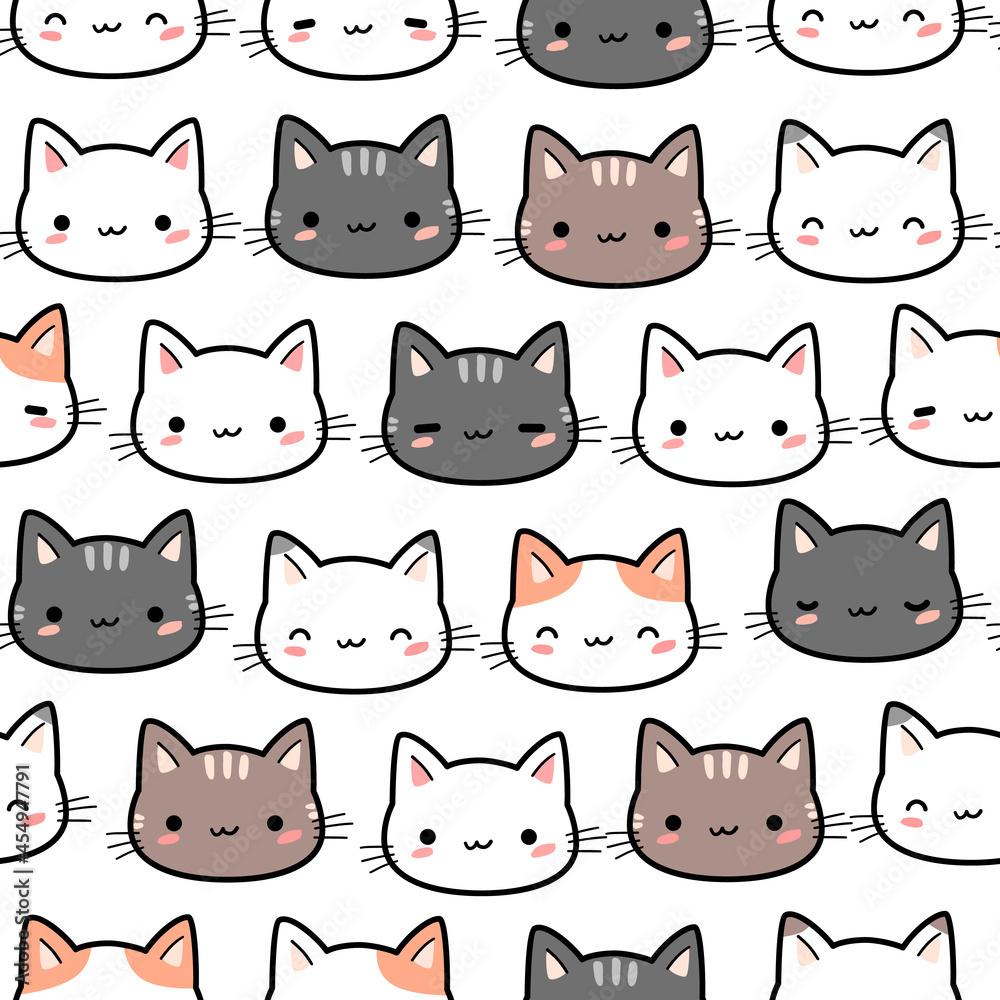 1000x1000 Seamless pattern background wallpaper with cute kitty cat cartoon doodle Stock Vector