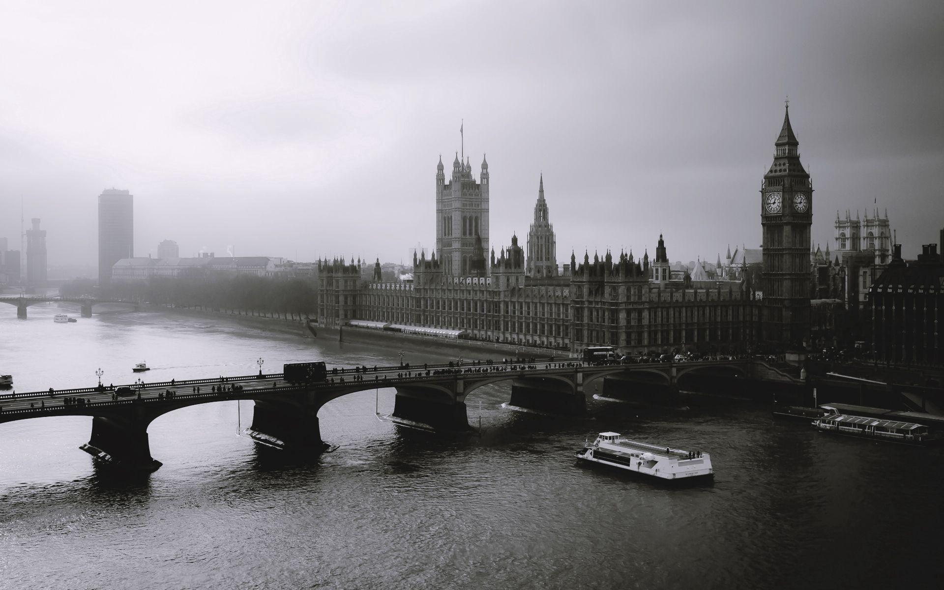 1920x1200 Download wallpaper 1920x1200 london, mist, river, bridge, big ben, black white HD background