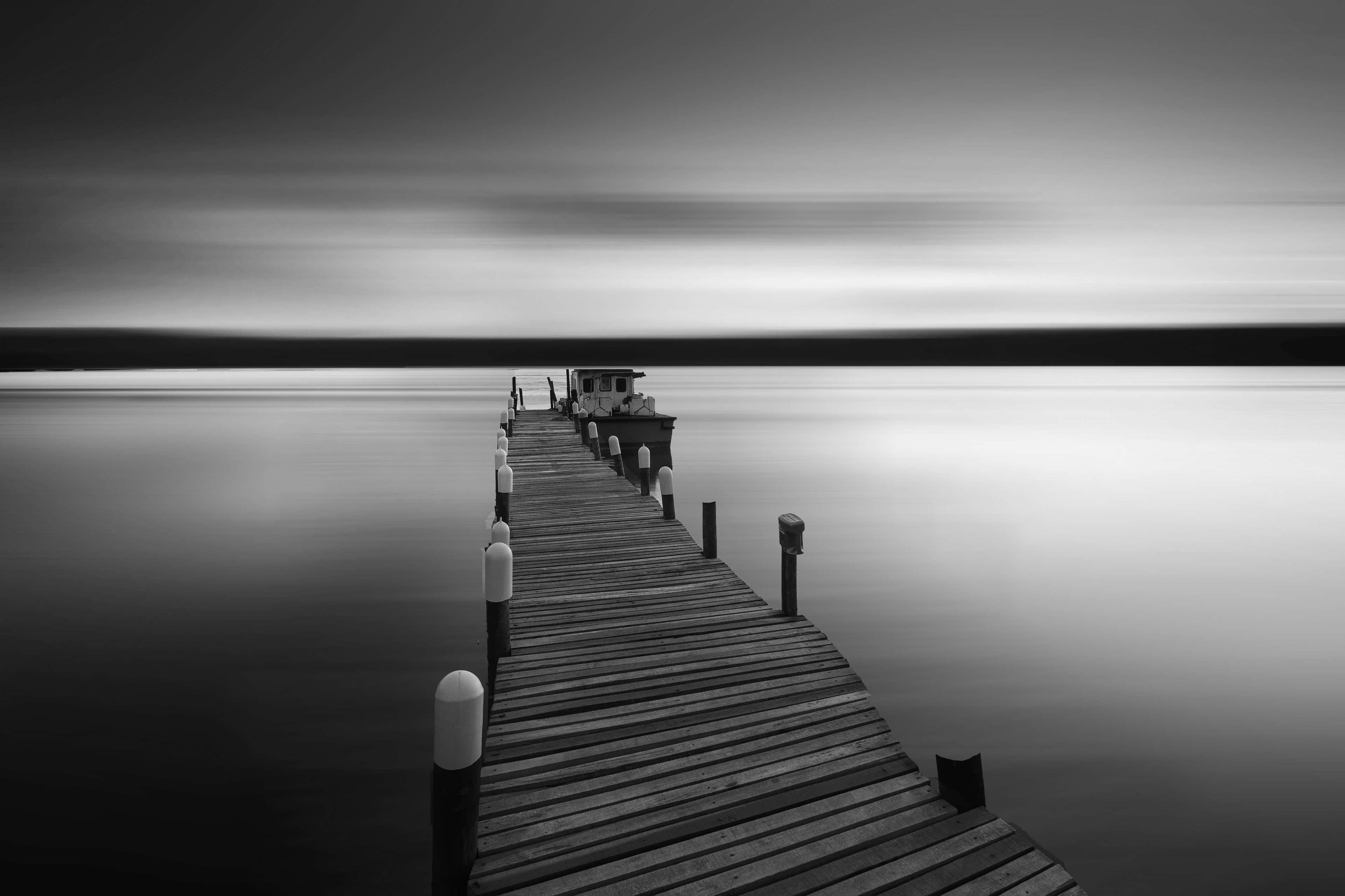 3840x2560 black and white, bridge, calm waters, city, dawn, dock, dusk, evening, landscape, light, mono, ocean, pier, river, sea, seascape, sky, travel, water, wood 4k Gallery HD Wallpaper