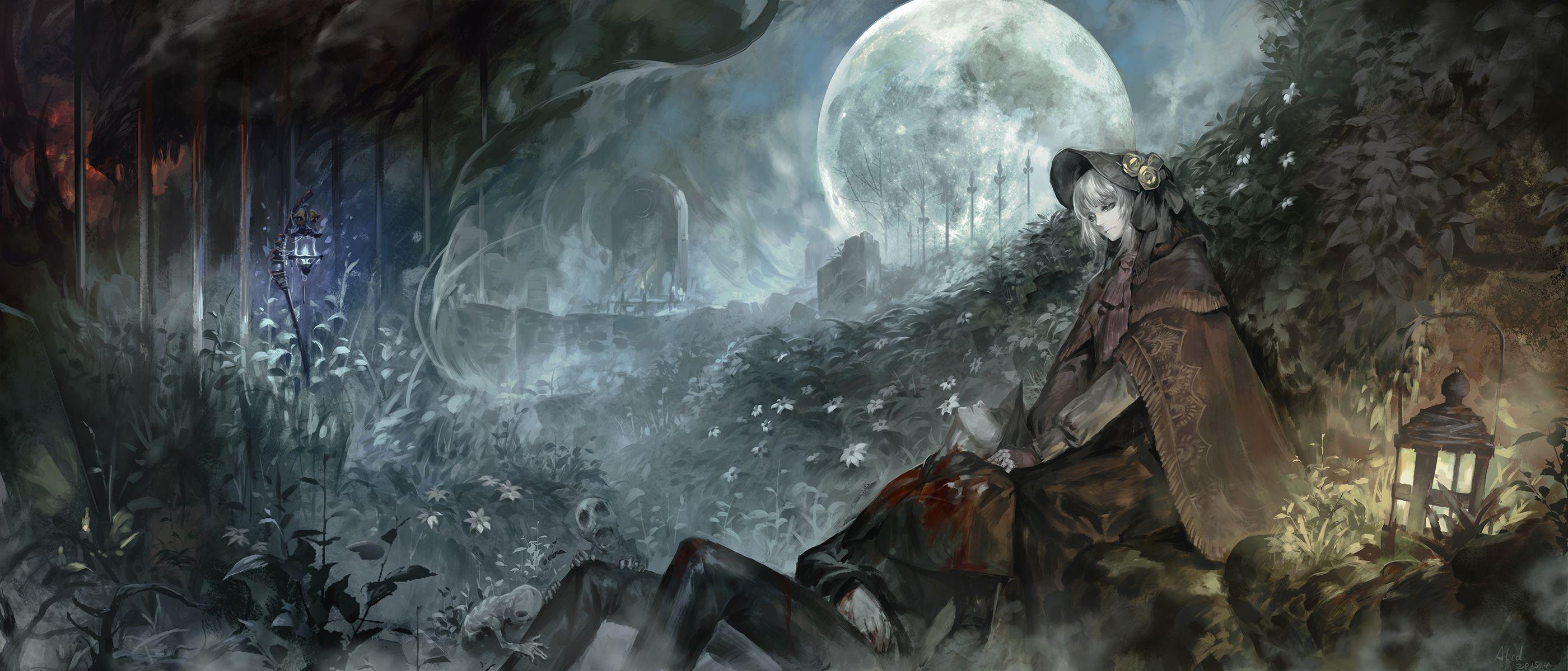 2800x1200 HD desktop wallpaper: Gothic, Moon, Video Game, Bloodborne, Plain Doll ( Bloodborne) download free picture