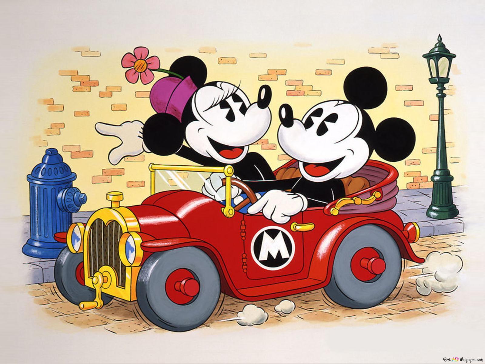 1600x1200 Mickey and minnie mouse driving a car 2K wallpaper download