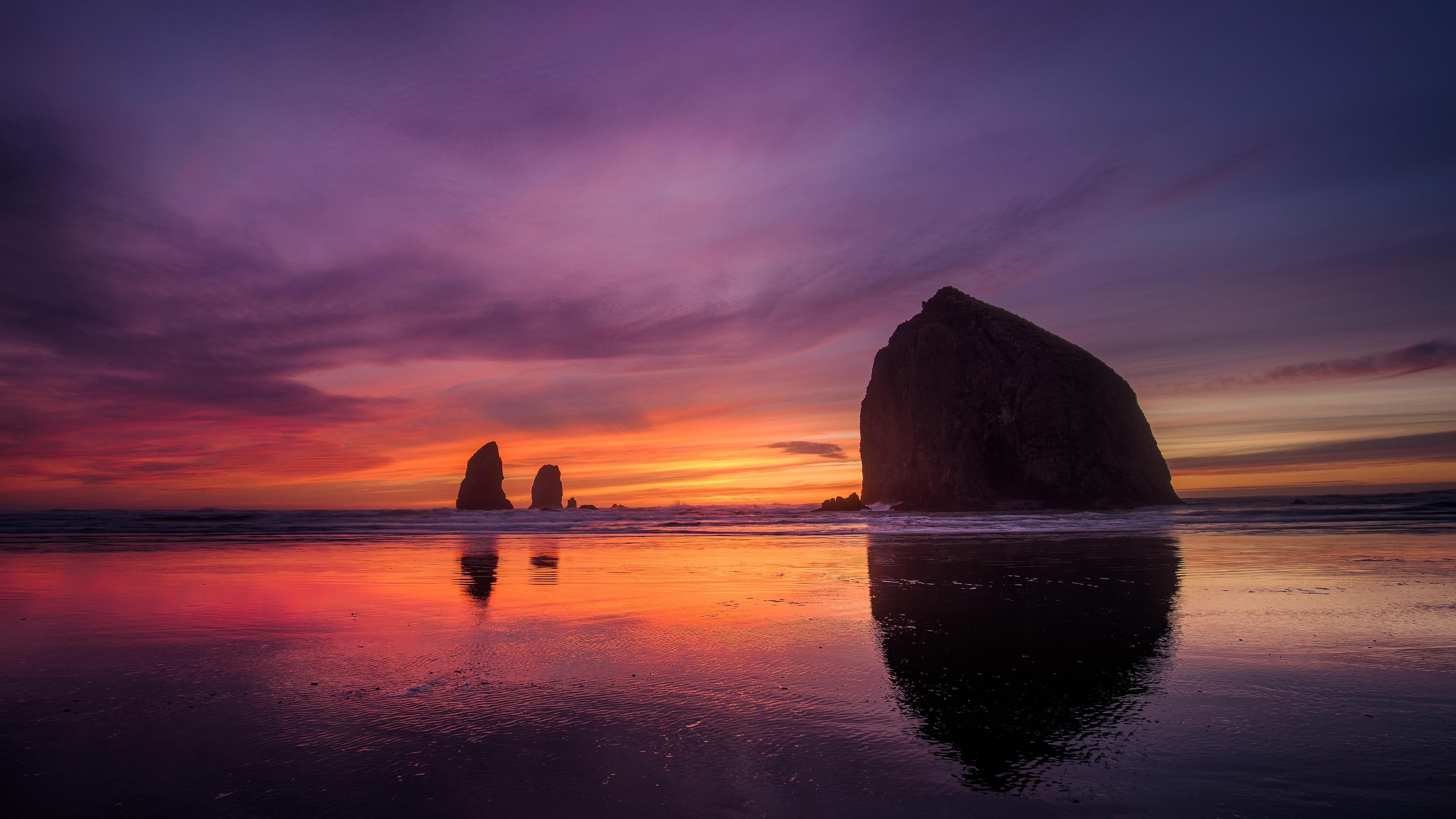 3840x2160 Wallpaper 4K, Sunset, Beach, Purple sky