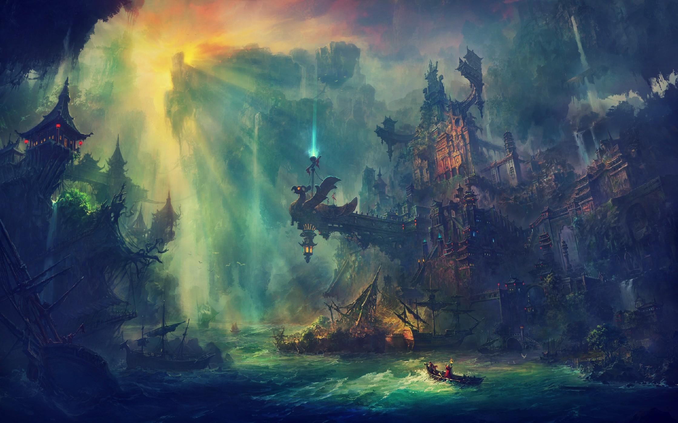 2239x1399 artwork fantasy art digital art ruin city magic Gallery HD Wallpaper