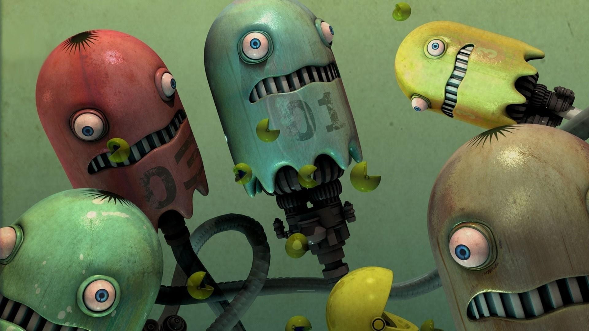 1920x1080 digital art, video games, 3D, numbers, CGI, green, yellow, blue, fan art, Toy, machine, Pac Man, Pacman, color, games Gallery HD Wallpaper