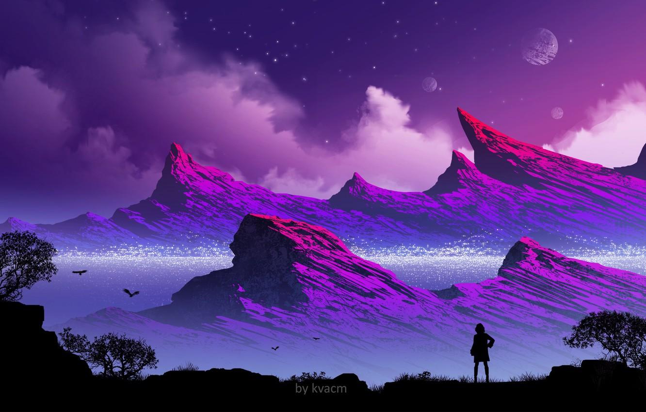1332x850 Wallpaper girl, mountains, silhouette image for desktop, section фантастика